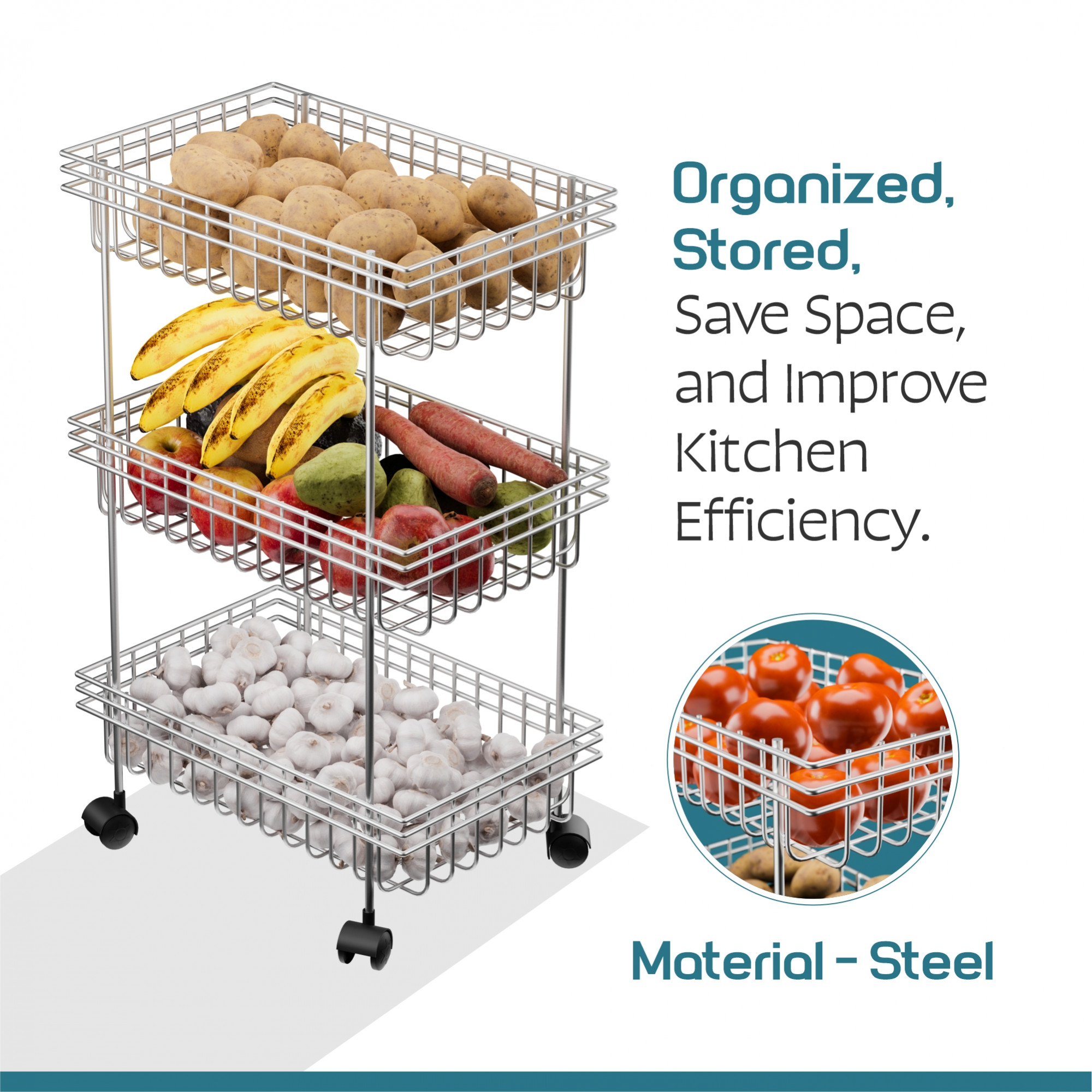 Kuber Industries Metal 3-Layer Multipurpose Fruits  Vegetable Stand  Kitchen Trolley with Wheels  Space-Saving Onion Potato Rack for Kitchen Storage  Silver