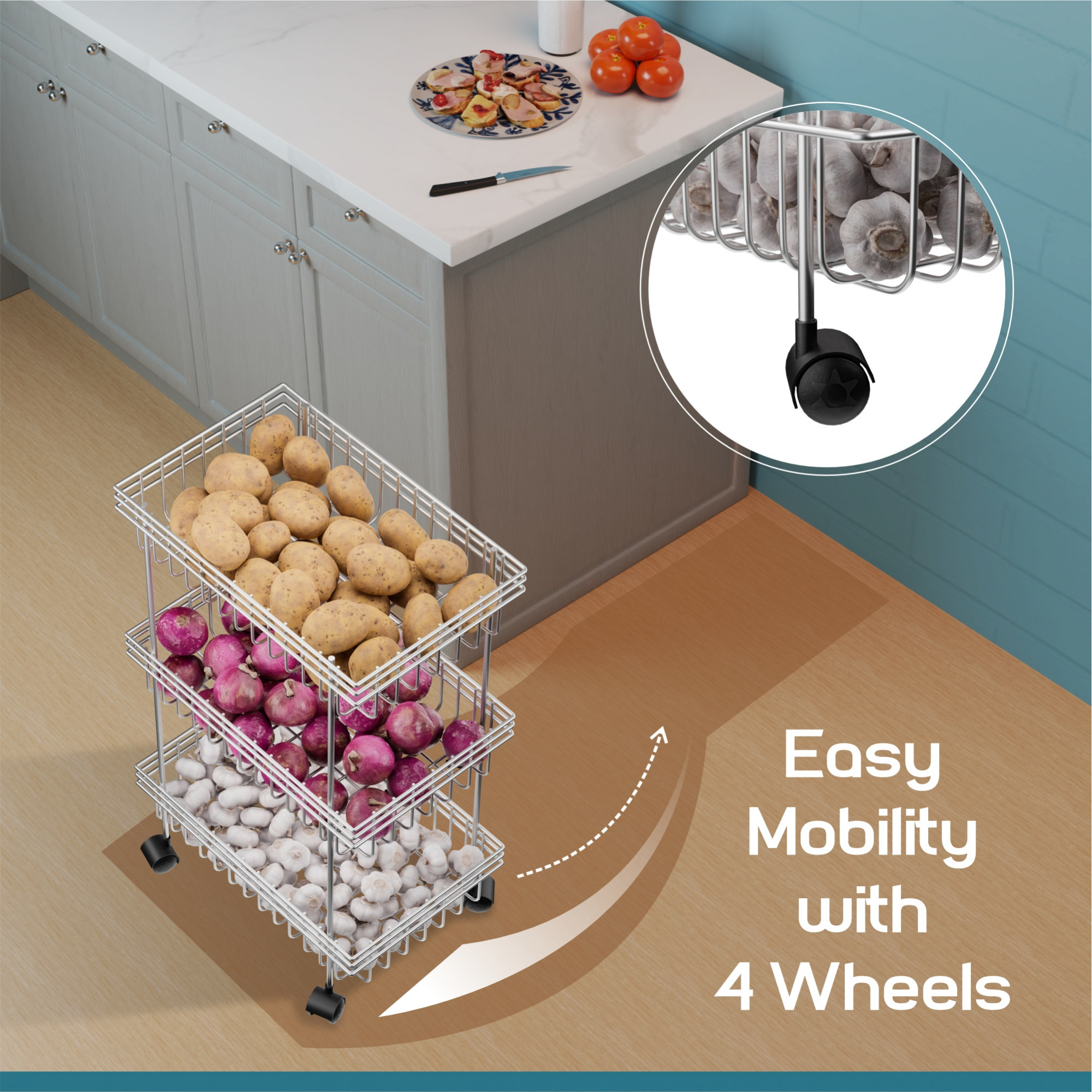 Kuber Industries Metal 3-Layer Multipurpose Fruits  Vegetable Stand  Kitchen Trolley with Wheels  Space-Saving Onion Potato Rack for Kitchen Storage  Silver