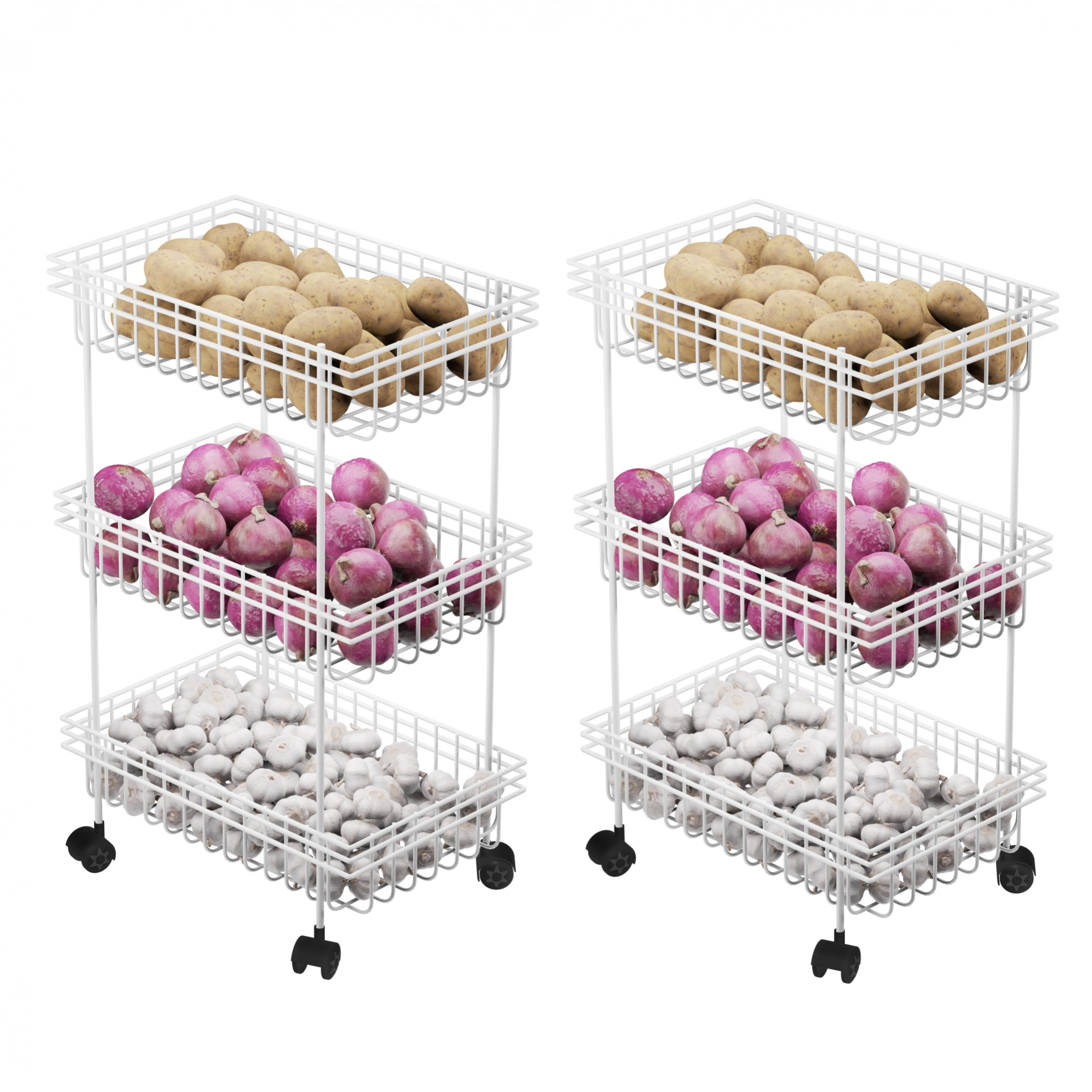 Kuber Industries Metal 3-Layer Multipurpose Fruits  Vegetable Stand  Kitchen Trolley with Wheels  Space-Saving Onion Potato Rack for Kitchen Storage  White