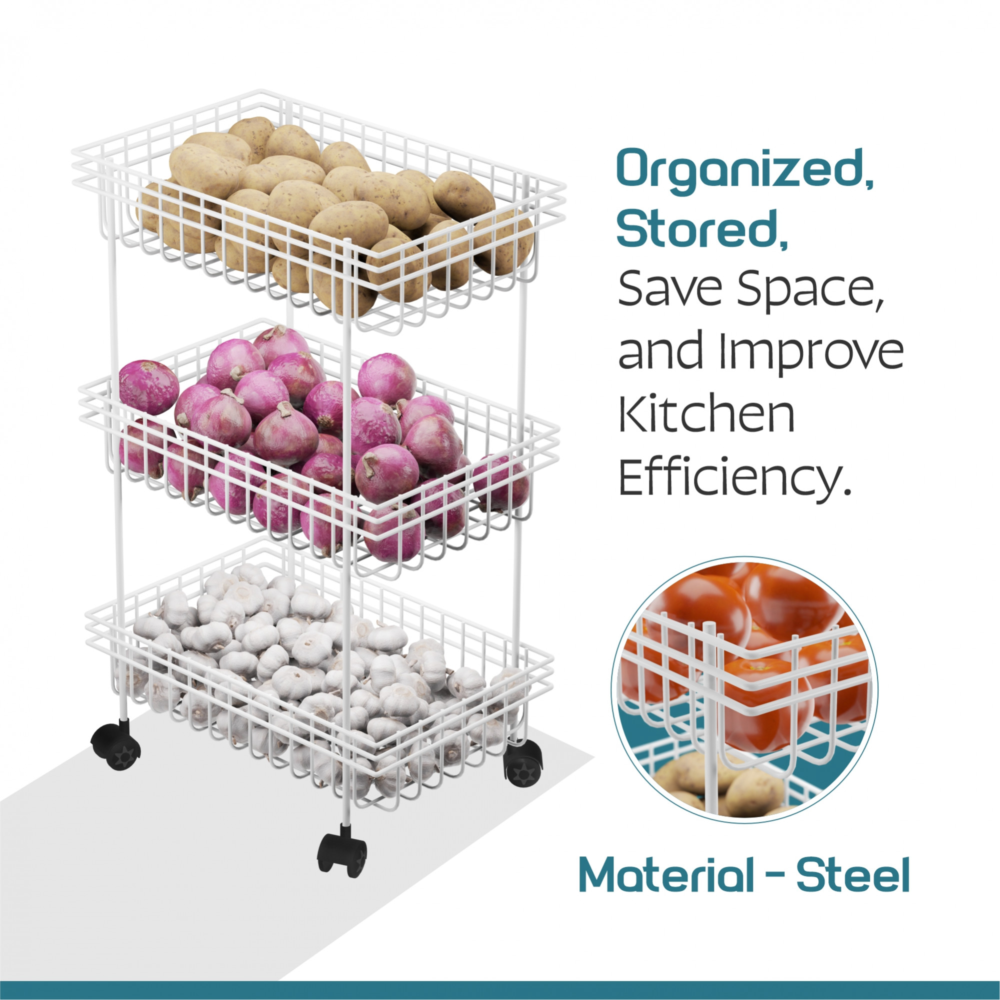 Kuber Industries Metal 3-Layer Multipurpose Fruits  Vegetable Stand  Kitchen Trolley with Wheels  Space-Saving Onion Potato Rack for Kitchen Storage  White