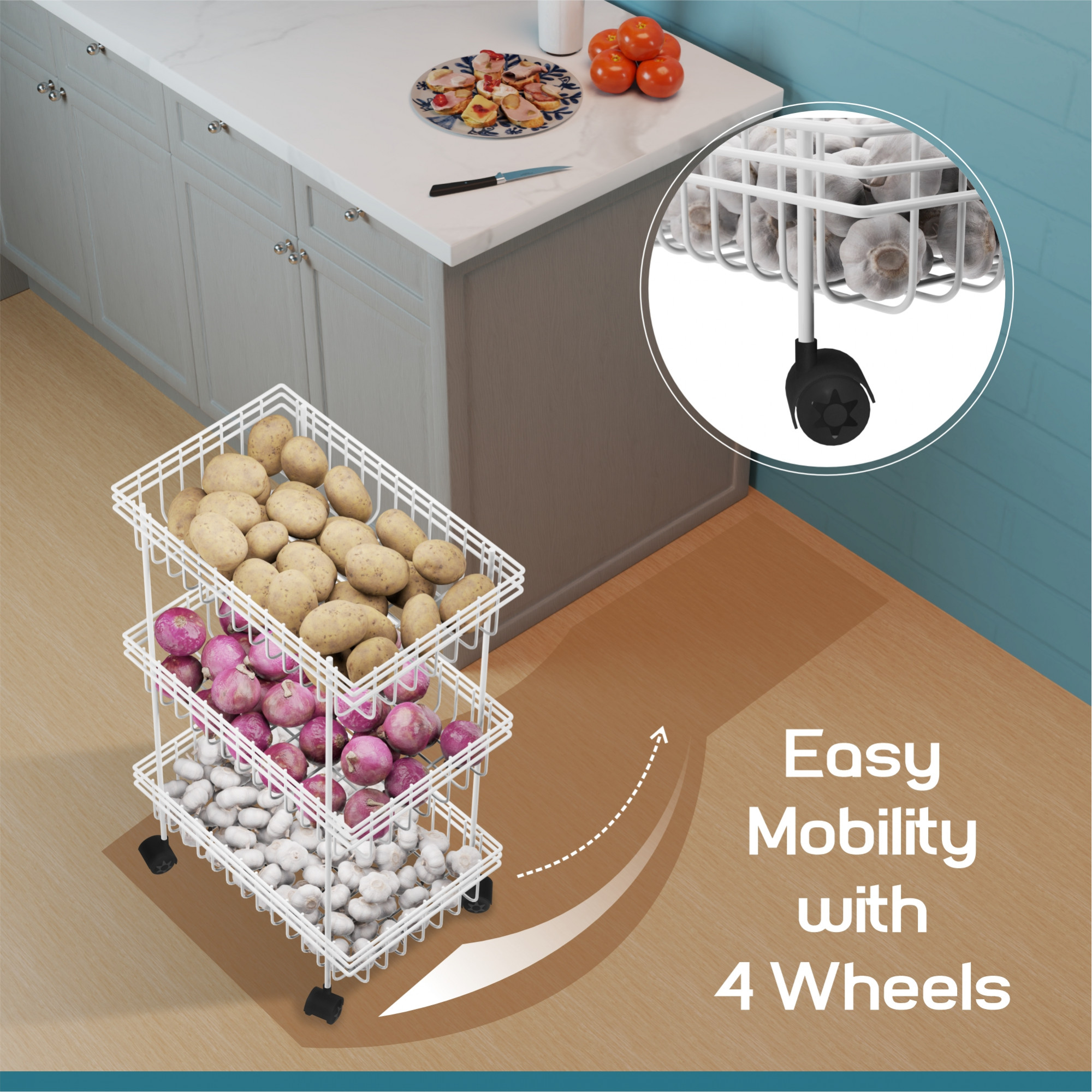 Kuber Industries Metal 3-Layer Multipurpose Fruits  Vegetable Stand  Kitchen Trolley with Wheels  Space-Saving Onion Potato Rack for Kitchen Storage  White