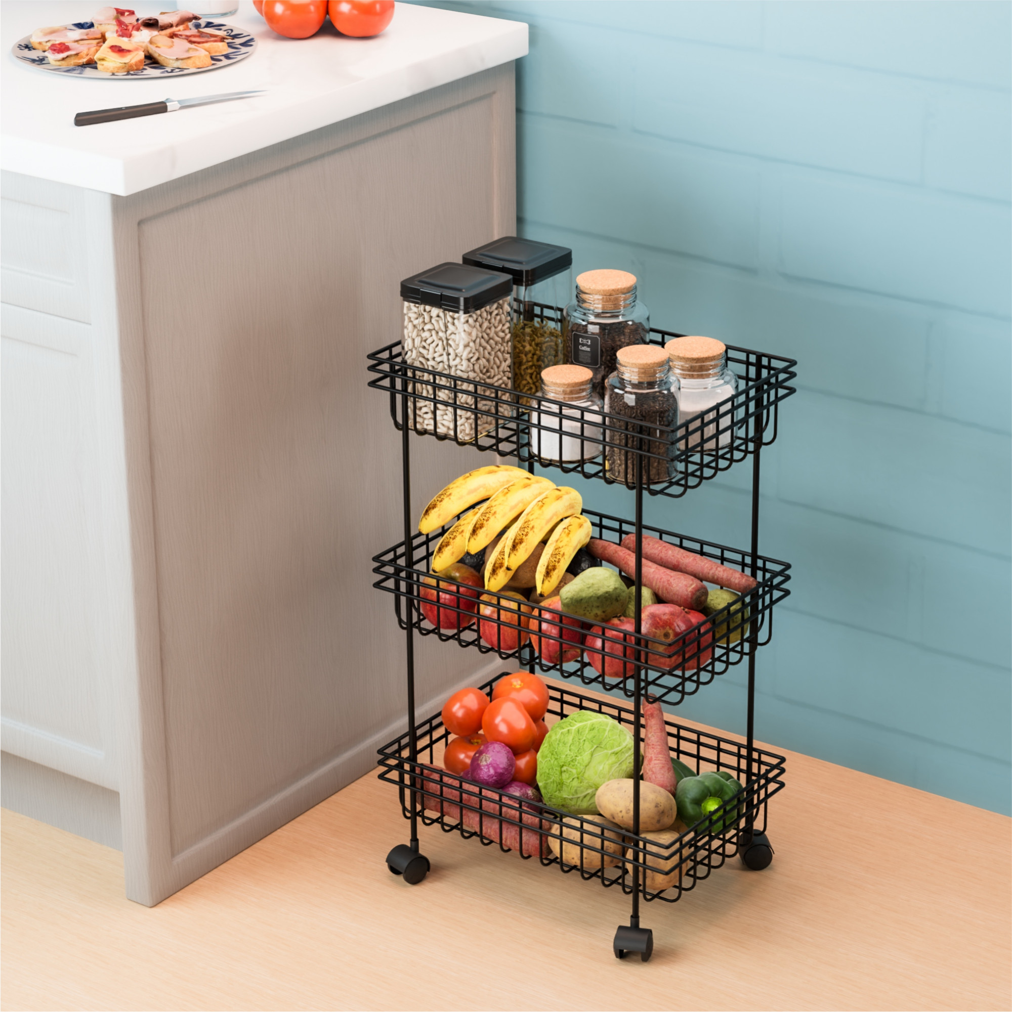 Kuber Industries Metal 3-Layer Multipurpose Fruits  Vegetable Stand  Kitchen Trolley with Wheels  Space-Saving Onion Potato Rack for Kitchen Storage  Black