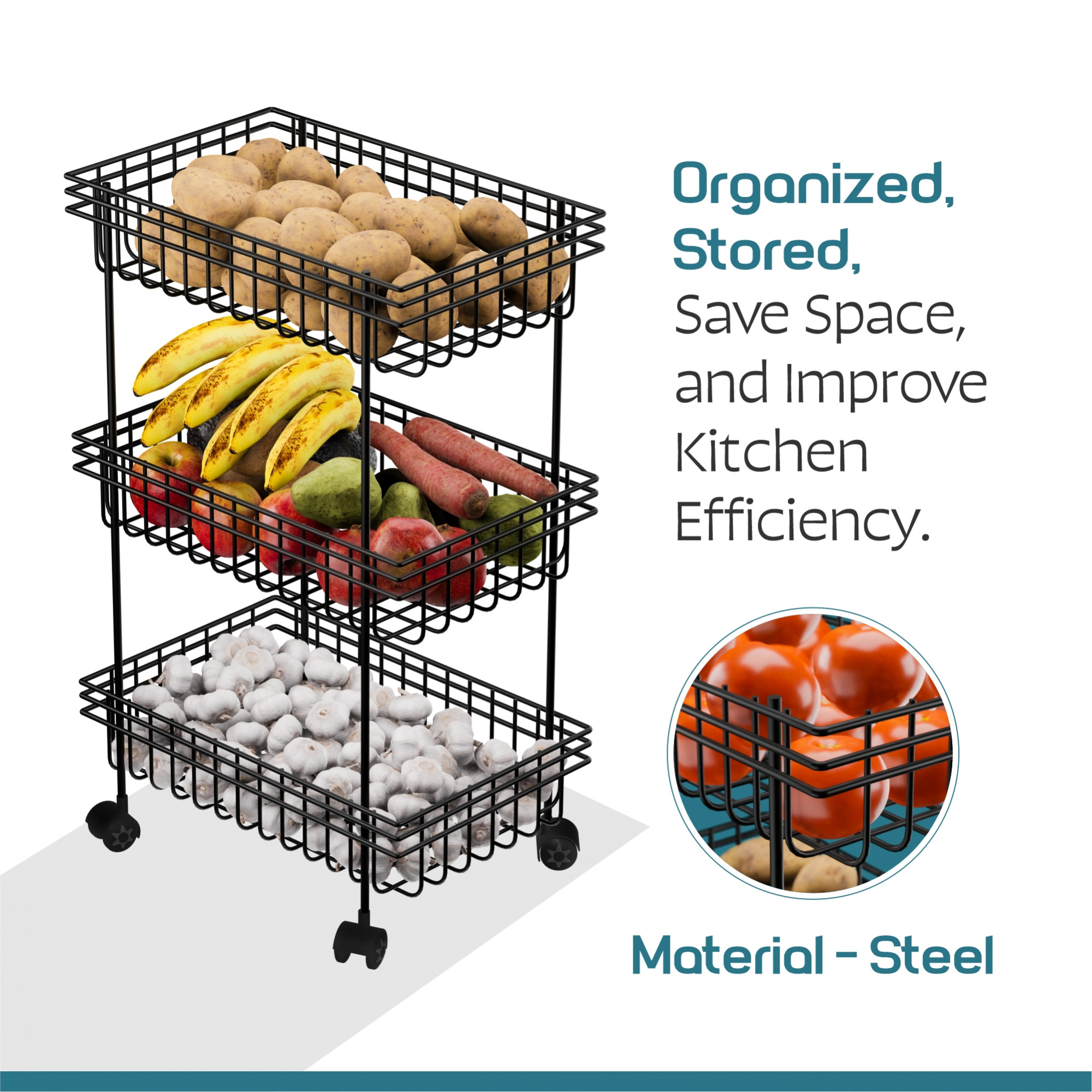 Kuber Industries Metal 3-Layer Multipurpose Fruits  Vegetable Stand  Kitchen Trolley with Wheels  Space-Saving Onion Potato Rack for Kitchen Storage  Black