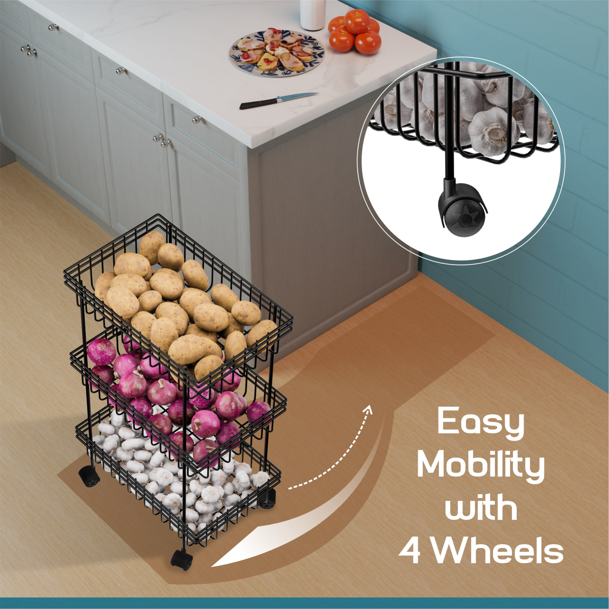 Kuber Industries Metal 3-Layer Multipurpose Fruits  Vegetable Stand  Kitchen Trolley with Wheels  Space-Saving Onion Potato Rack for Kitchen Storage  Black