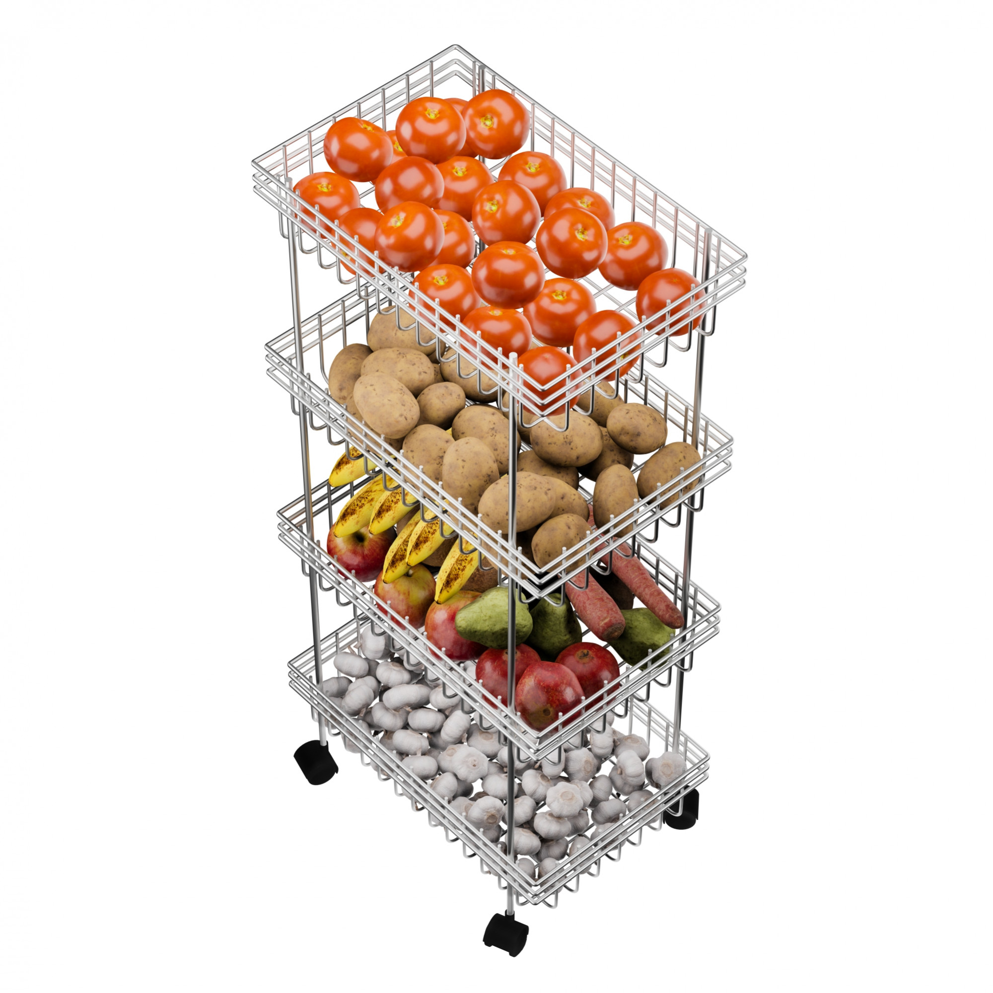 Kuber Industries Metal 4-Layer Multipurpose Fruits  Vegetable Stand  Kitchen Trolley with Wheels  Space-Saving Onion Potato Rack for Kitchen Storage  Silver