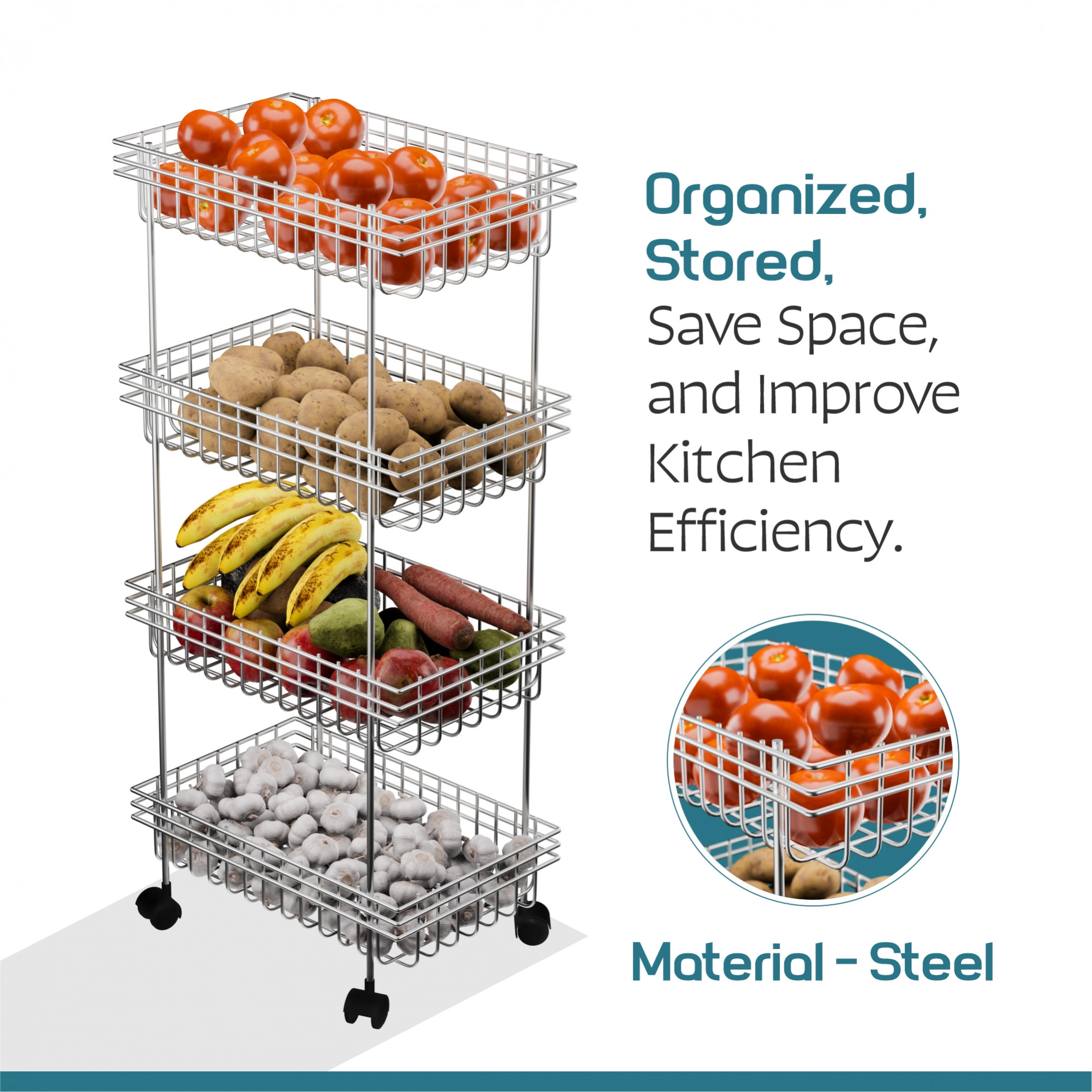 Kuber Industries Metal 4-Layer Multipurpose Fruits  Vegetable Stand  Kitchen Trolley with Wheels  Space-Saving Onion Potato Rack for Kitchen Storage  Silver