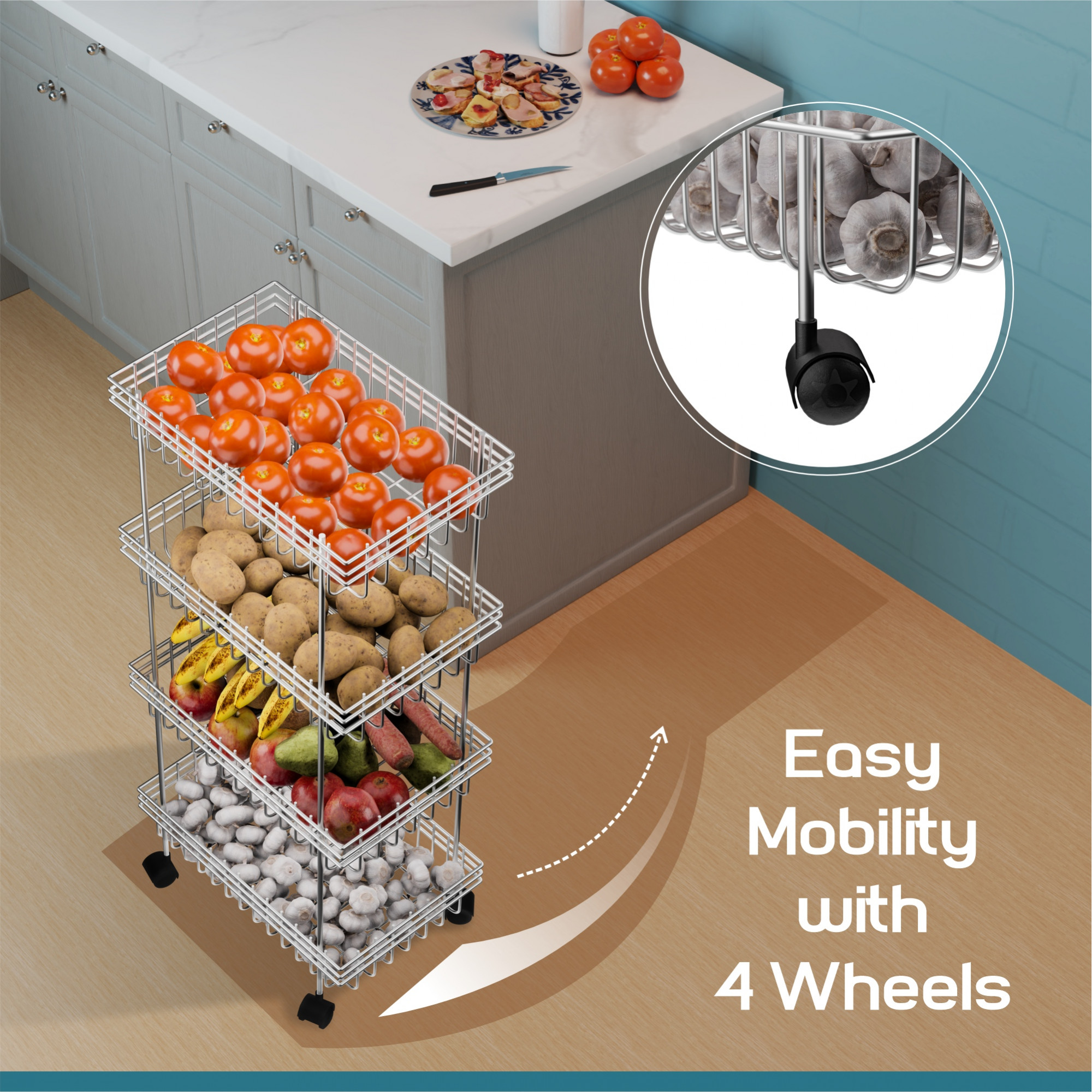 Kuber Industries Metal 4-Layer Multipurpose Fruits  Vegetable Stand  Kitchen Trolley with Wheels  Space-Saving Onion Potato Rack for Kitchen Storage  Silver