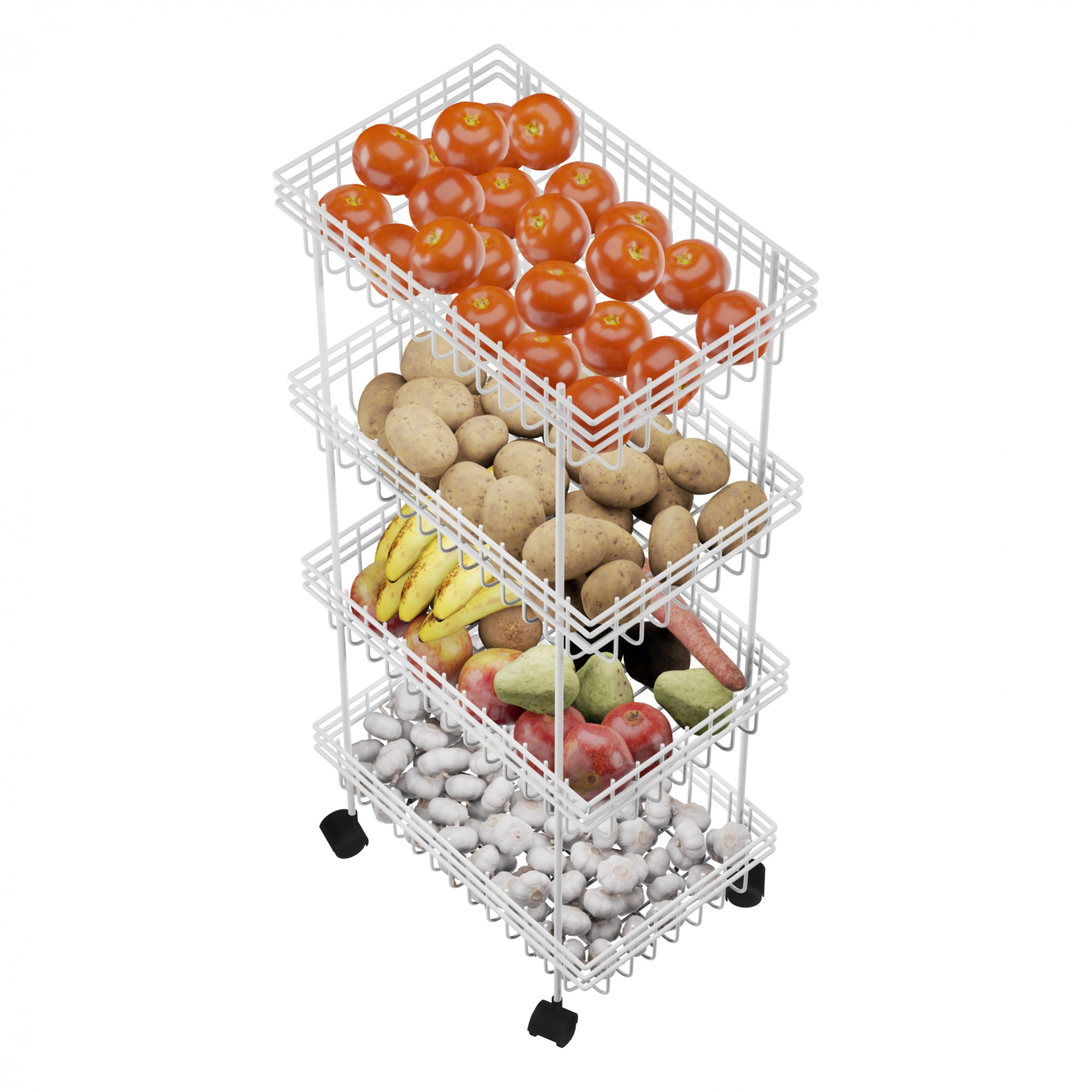 Kuber Industries Metal 4-Layer Multipurpose Fruits  Vegetable Stand  Kitchen Trolley with Wheels  Space-Saving Onion Potato Rack for Kitchen Storage  White