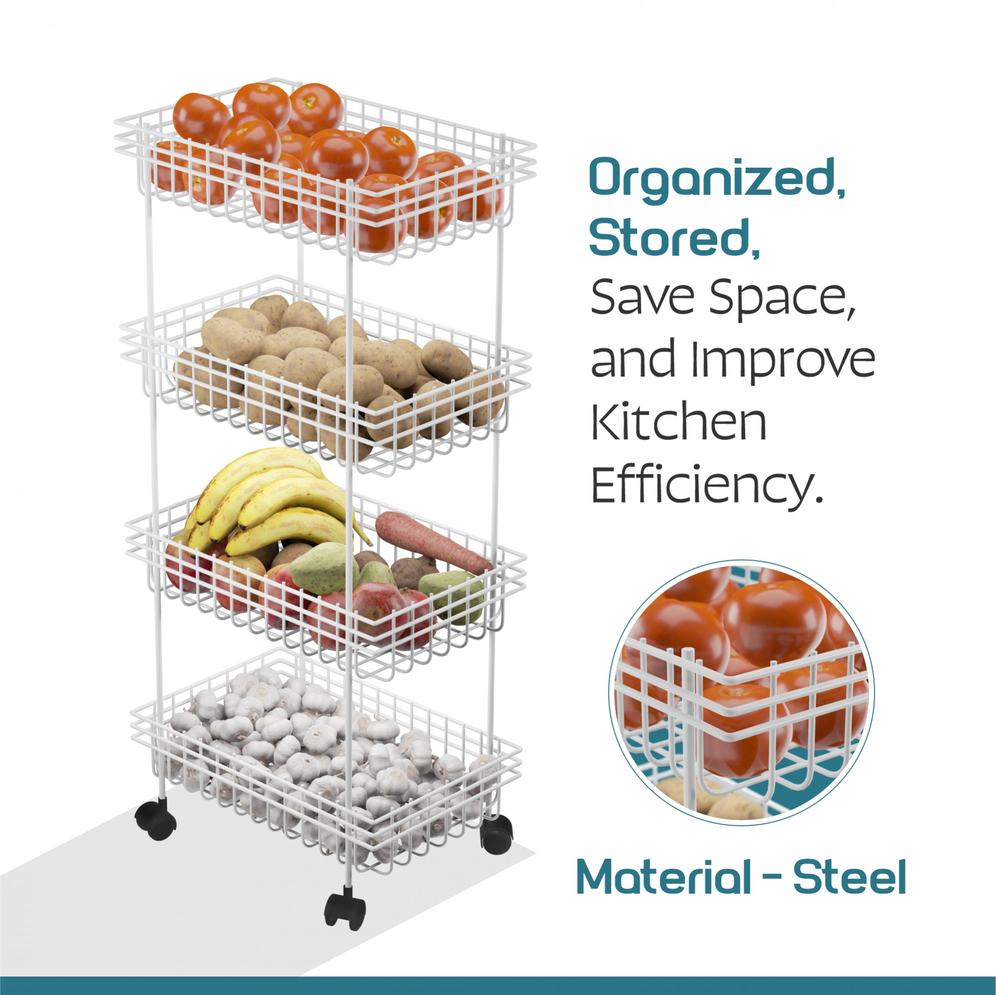 Kuber Industries Metal 4-Layer Multipurpose Fruits  Vegetable Stand  Kitchen Trolley with Wheels  Space-Saving Onion Potato Rack for Kitchen Storage  White
