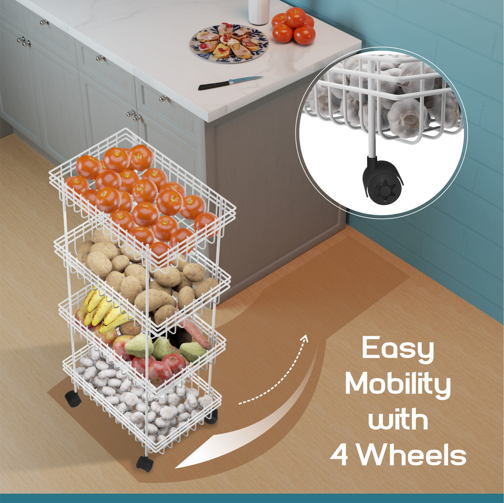 Kuber Industries Metal 4-Layer Multipurpose Fruits  Vegetable Stand  Kitchen Trolley with Wheels  Space-Saving Onion Potato Rack for Kitchen Storage  White