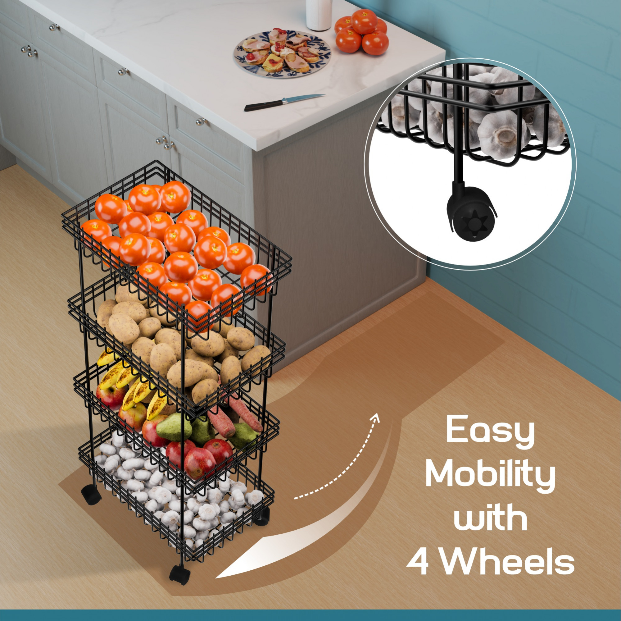 Kuber Industries Metal 4-Layer Multipurpose Fruits  Vegetable Stand  Kitchen Trolley with Wheels  Space-Saving Onion Potato Rack for Kitchen Storage  Black