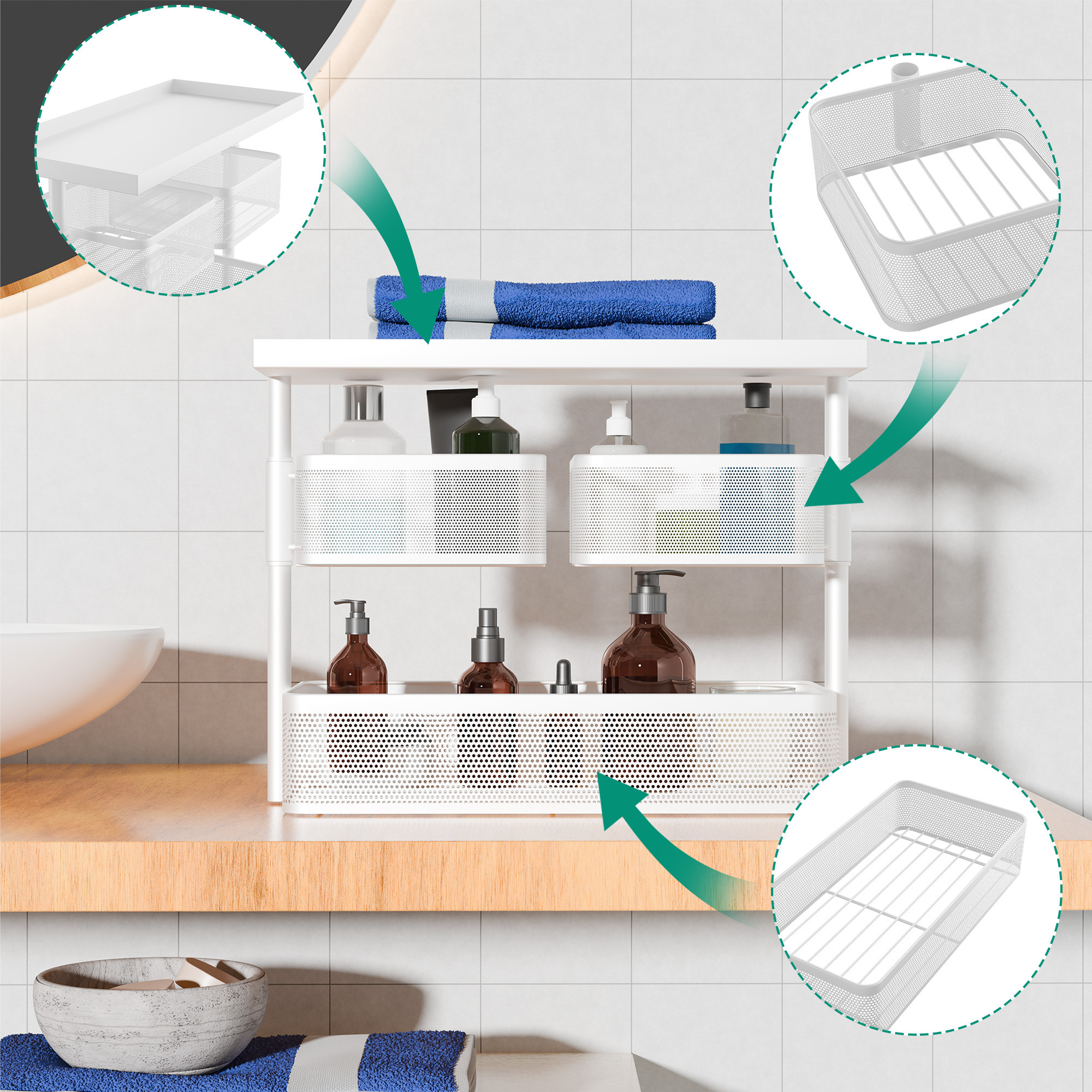 Kuber Industries Metal Bathroom Organiser Stand  3 Tier Storage Rack  Counter Top Organizer Shelf  Bathroom Standing Rack for Toiletries Makeup  Accessories  White