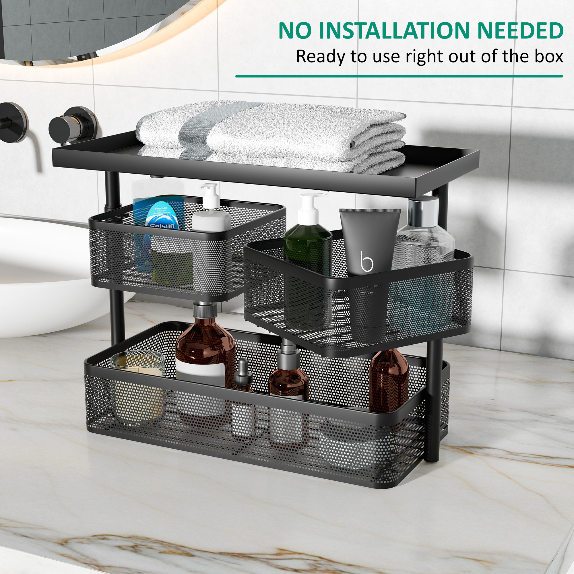 Kuber Industries Metal Bathroom Organiser Stand  3 Tier Storage Rack  Counter Top Organizer Shelf  Bathroom Standing Rack for Toiletries Makeup  Accessories  Black