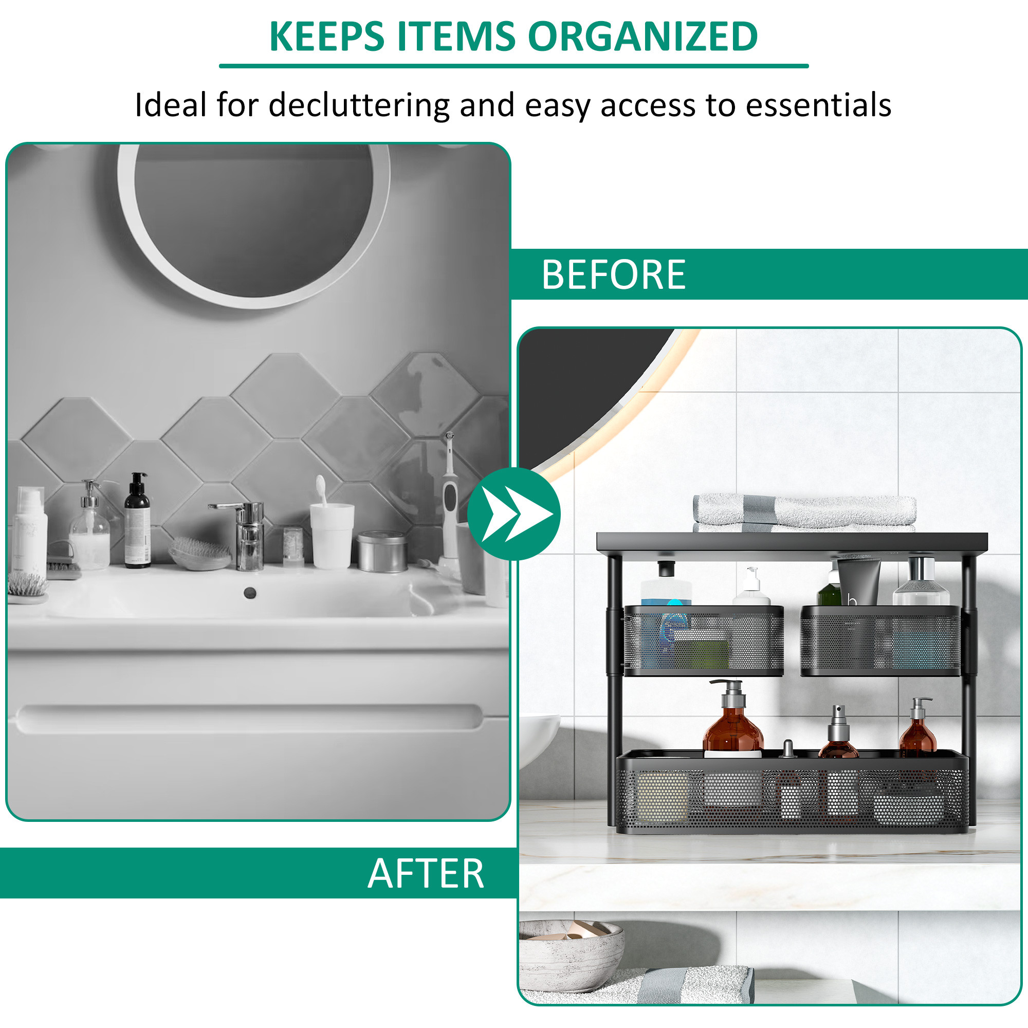 Kuber Industries Metal Bathroom Organiser Stand  3 Tier Storage Rack  Counter Top Organizer Shelf  Bathroom Standing Rack for Toiletries Makeup  Accessories  Black