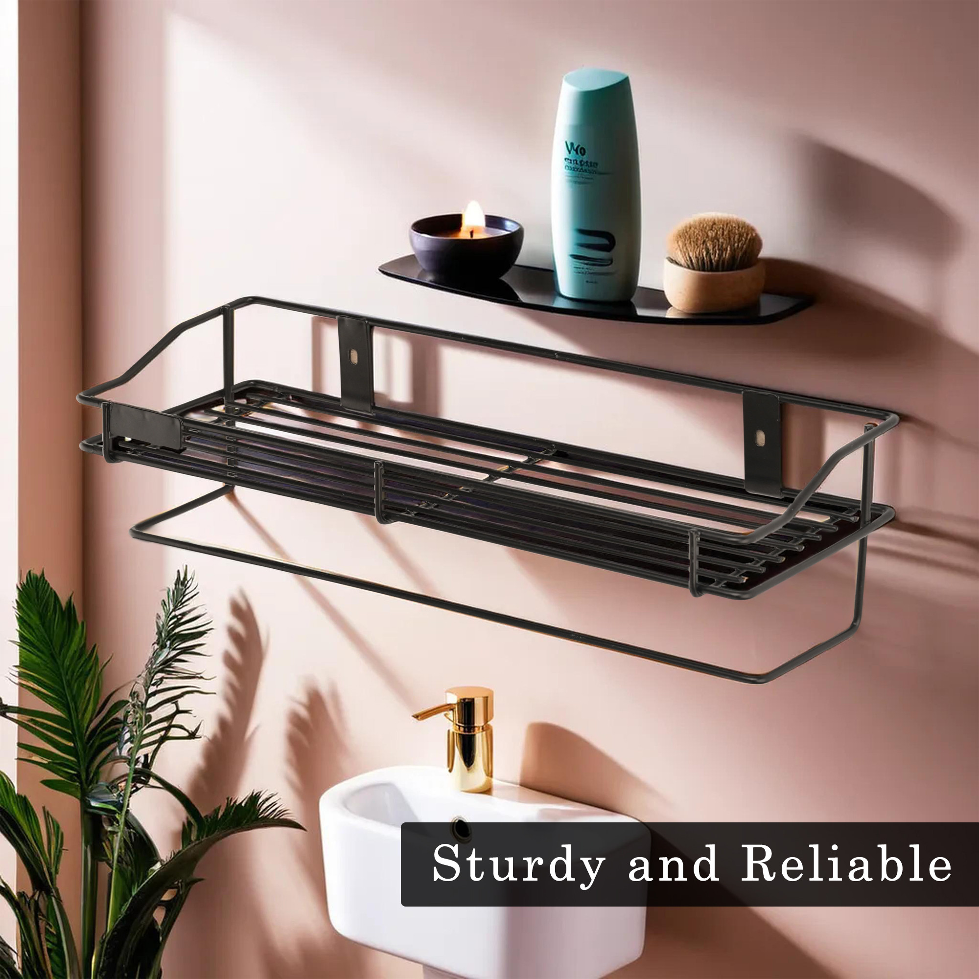 Kuber Industries Metal Bathroom Shelf for Wall - Washroom Organizer Shampoo Holder Stand  14 Inch Kitchen Storage Rack - Black