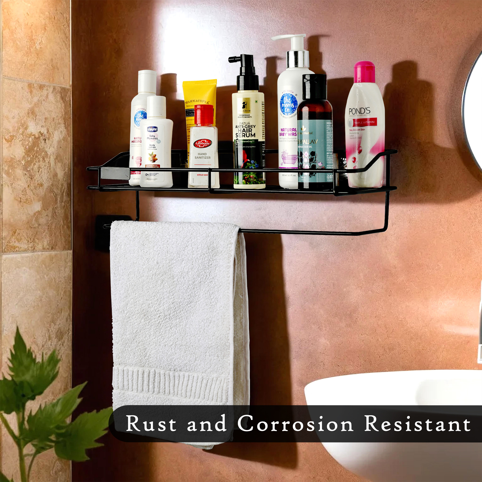 Kuber Industries Metal Bathroom Shelf for Wall - Washroom Organizer Shampoo Holder Stand  14 Inch Kitchen Storage Rack - Black