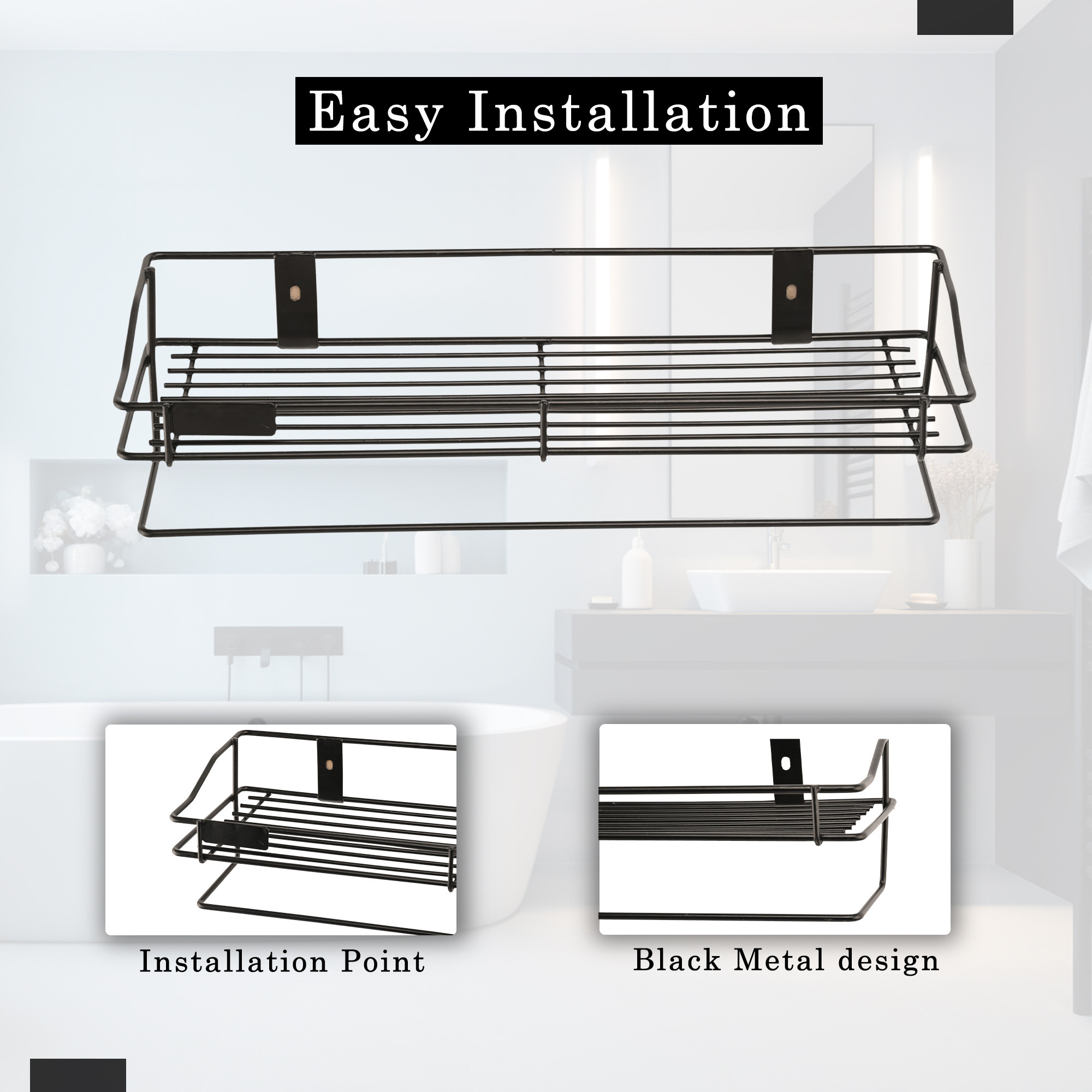 Kuber Industries Metal Bathroom Shelf for Wall - Washroom Organizer Shampoo Holder Stand  14 Inch Kitchen Storage Rack - Black