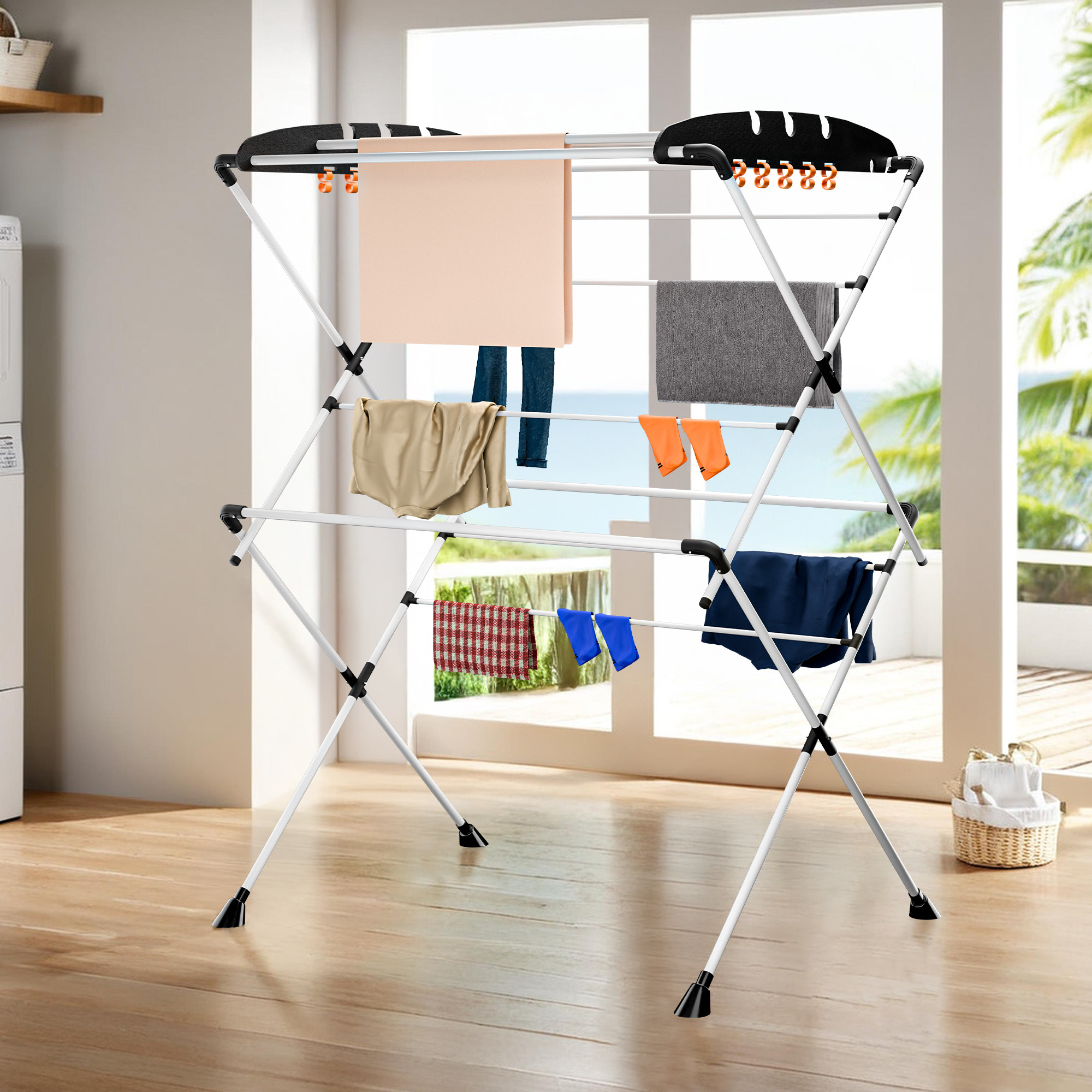 Kuber Industries Metal Cloth Stand for Drying Clothes Foldable  Zig Zag Cloth Dryer Stand for Balcony  Smart Design with 13 Hanger Rods and 10 Additional Hooks  Black  White