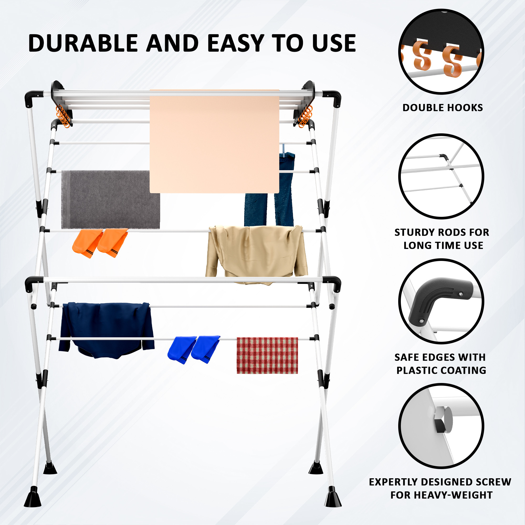 Kuber Industries Metal Cloth Stand for Drying Clothes Foldable  Zig Zag Cloth Dryer Stand for Balcony  Smart Design with 13 Hanger Rods and 10 Additional Hooks  Black  White