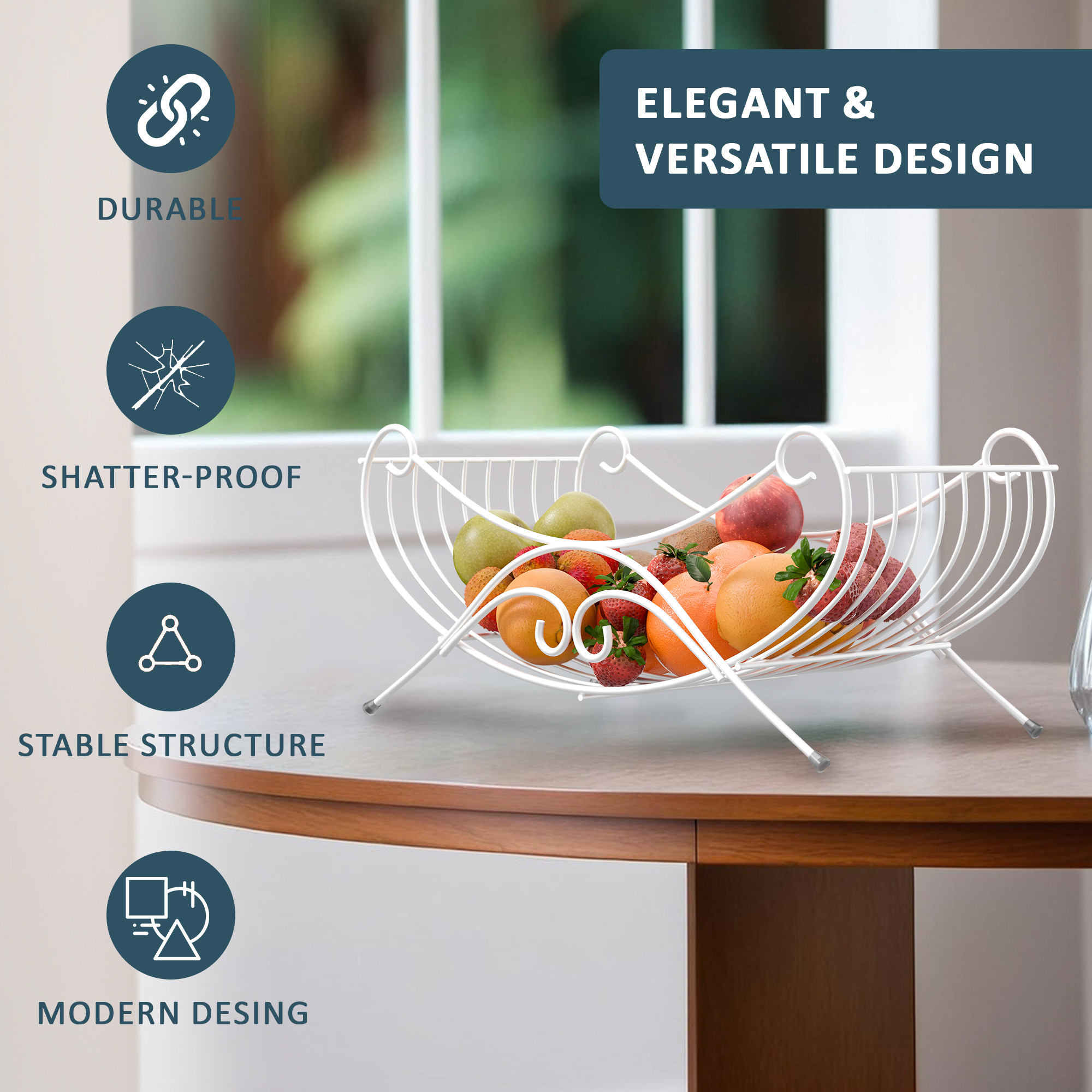 Kuber Industries Metal Fruits  Vegetables Basket  Storage Stand for Dining Table Accessories  Centre Table  Multipurpose Countertop for Decorative Pantry Home  Kitchen - White