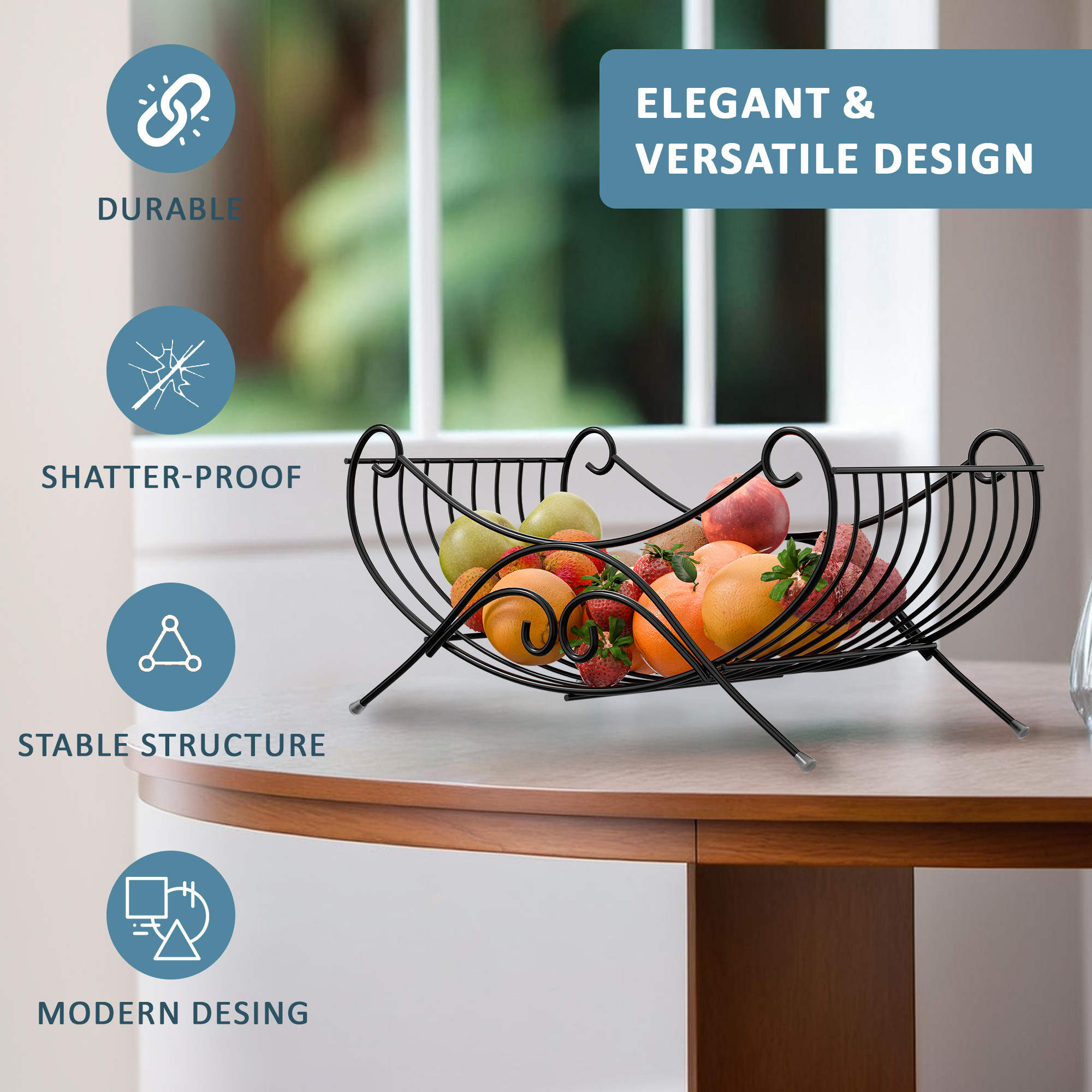 Kuber Industries Metal Fruits  Vegetables Basket  Storage Stand for Dining Table Accessories  Centre Table  Multipurpose Countertop for Decorative Pantry Home  Kitchen - Black