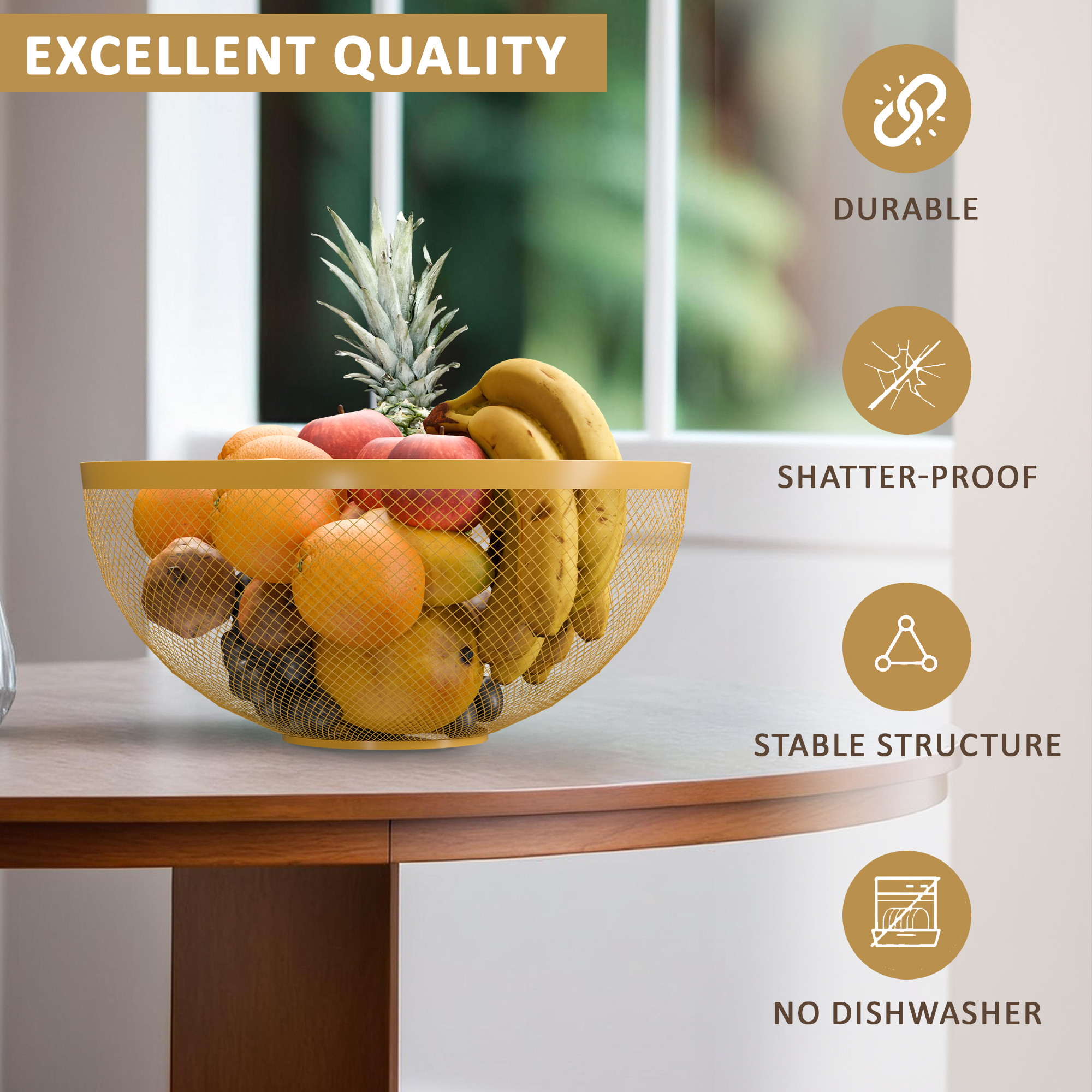 Kuber Industries Metal Fruits  Vegetables Basket Bowl  Veggie Baskets for Dining Table Accessories  Storage Bowls for Decorative Pantry Home  Kitchen Multi-Purpose Use - Golden