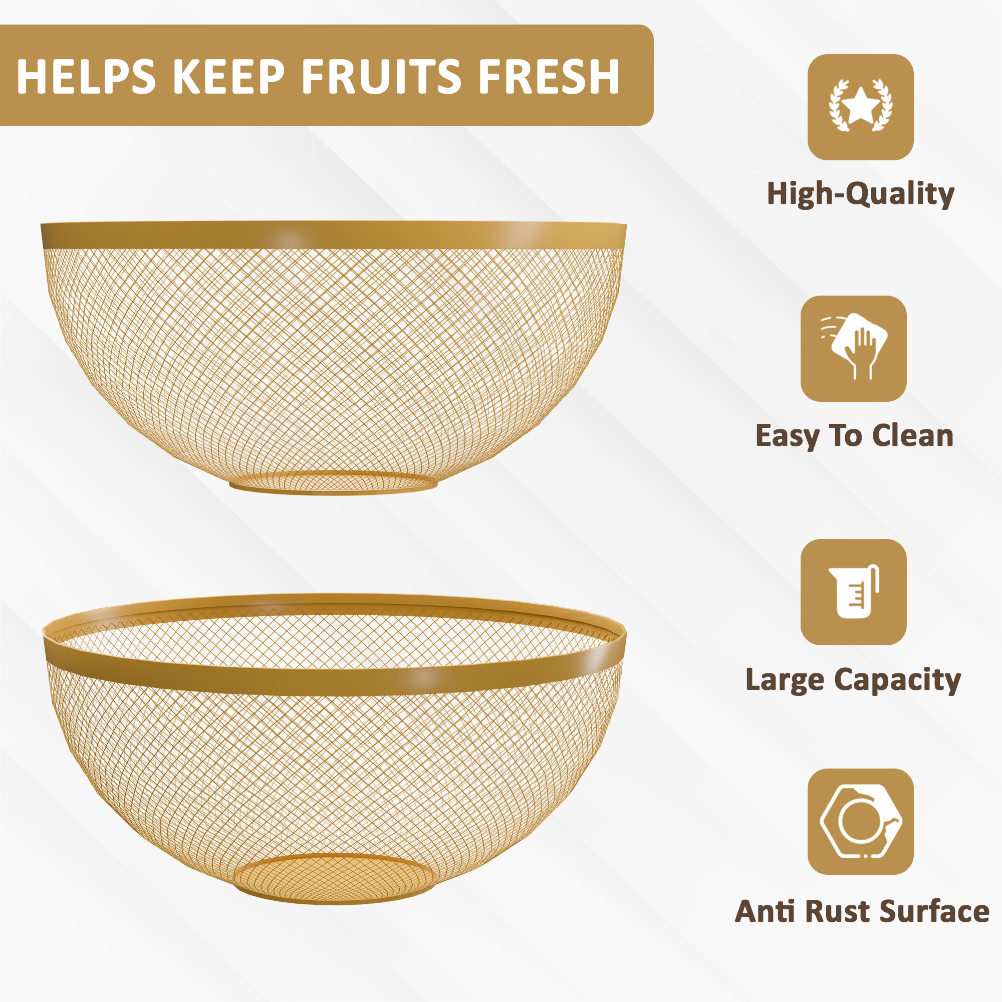 Kuber Industries Metal Fruits  Vegetables Basket Bowl  Veggie Baskets for Dining Table Accessories  Storage Bowls for Decorative Pantry Home  Kitchen Multi-Purpose Use - Golden