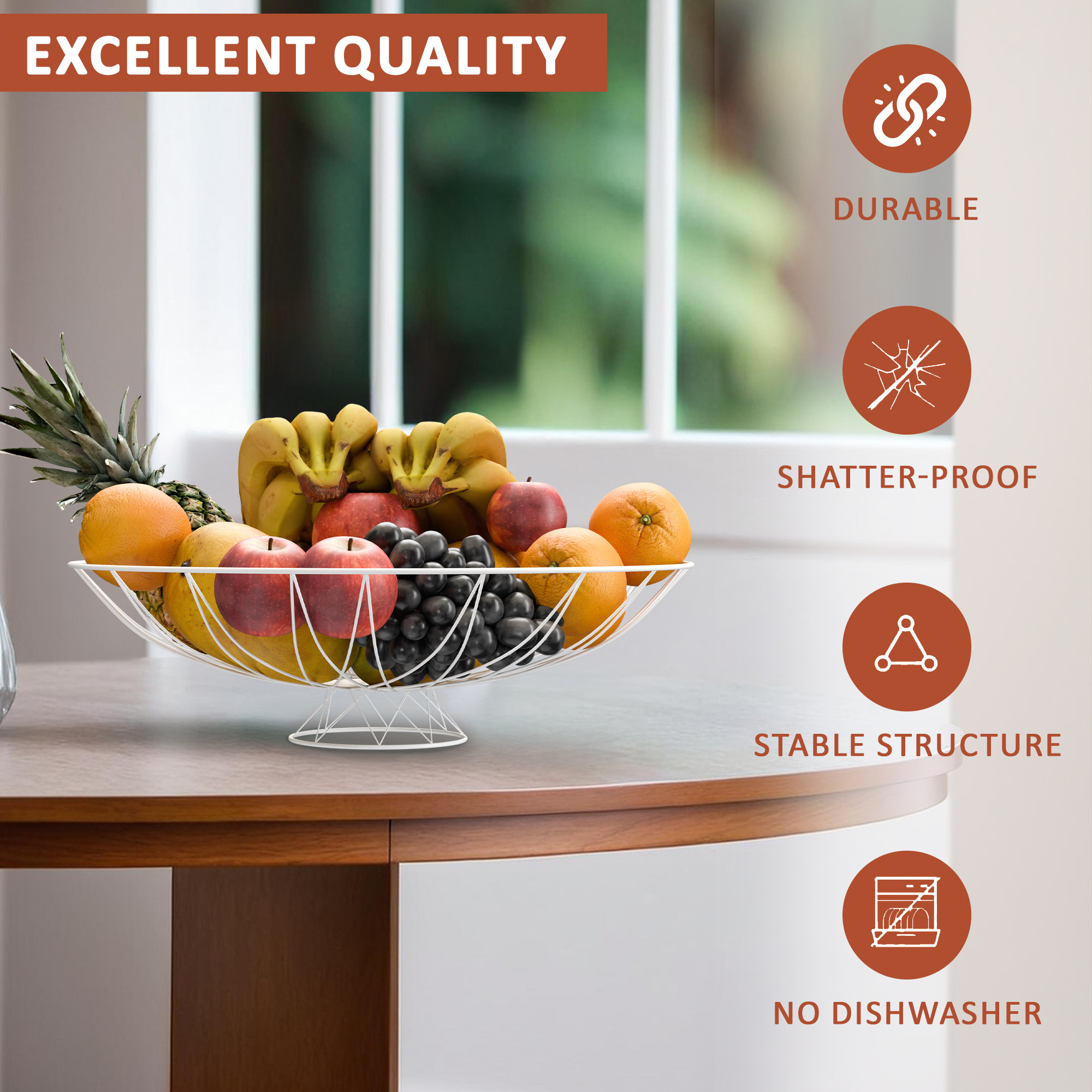 Kuber Industries Metal Fruits  Vegetables Basket Bowl with Holding Stand  Veggie Baskets for Dining Table Accessories  Storage Bowls for Decorative Pantry Home  Kitchen Use  Wrought - White