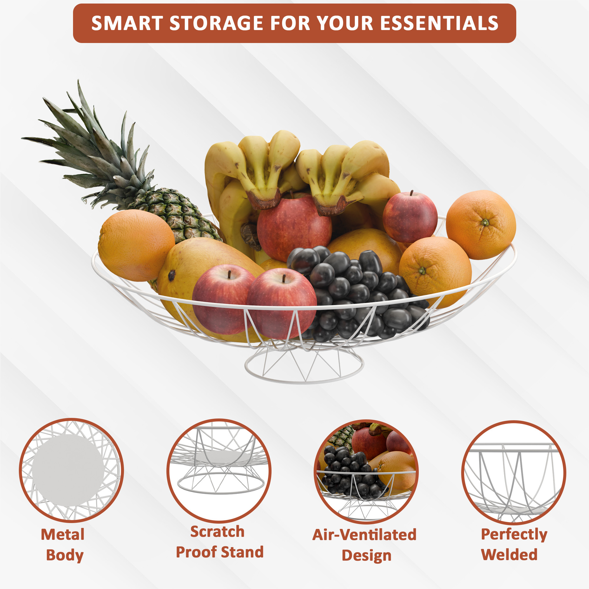 Kuber Industries Metal Fruits  Vegetables Basket Bowl with Holding Stand  Veggie Baskets for Dining Table Accessories  Storage Bowls for Decorative Pantry Home  Kitchen Use  Wrought - White