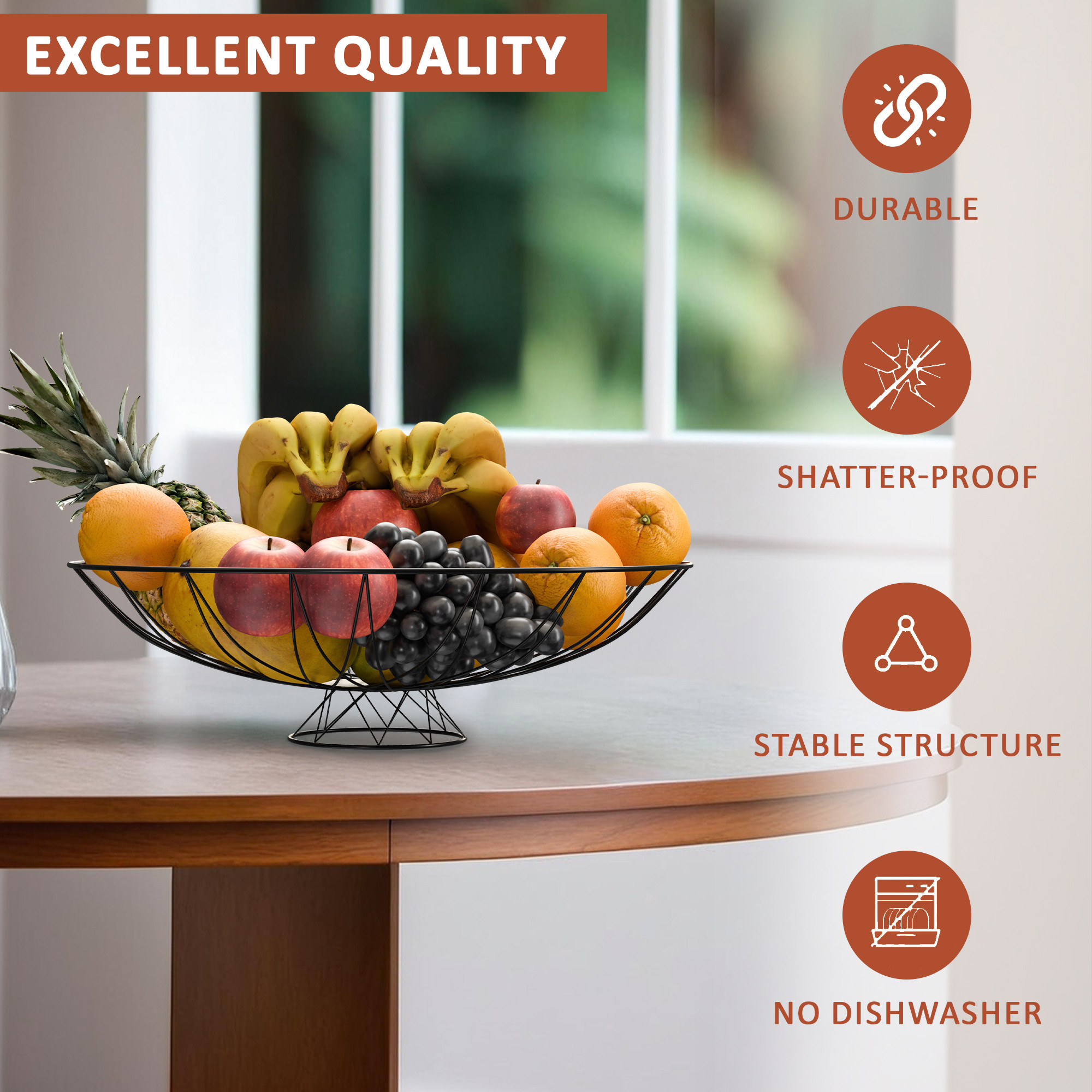 Kuber Industries Metal Fruits  Vegetables Basket Bowl with Holding Stand  Veggie Baskets for Dining Table Accessories  Storage Bowls for Decorative Pantry Home  Kitchen Use  Wrought - Black