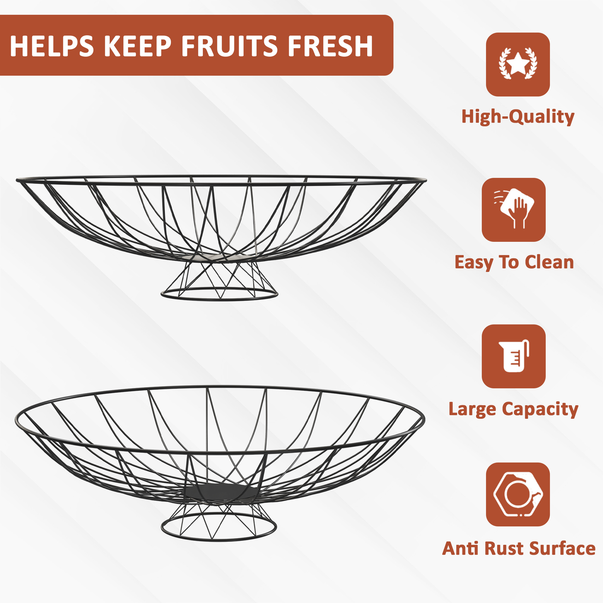 Kuber Industries Metal Fruits  Vegetables Basket Bowl with Holding Stand  Veggie Baskets for Dining Table Accessories  Storage Bowls for Decorative Pantry Home  Kitchen Use  Wrought - Black