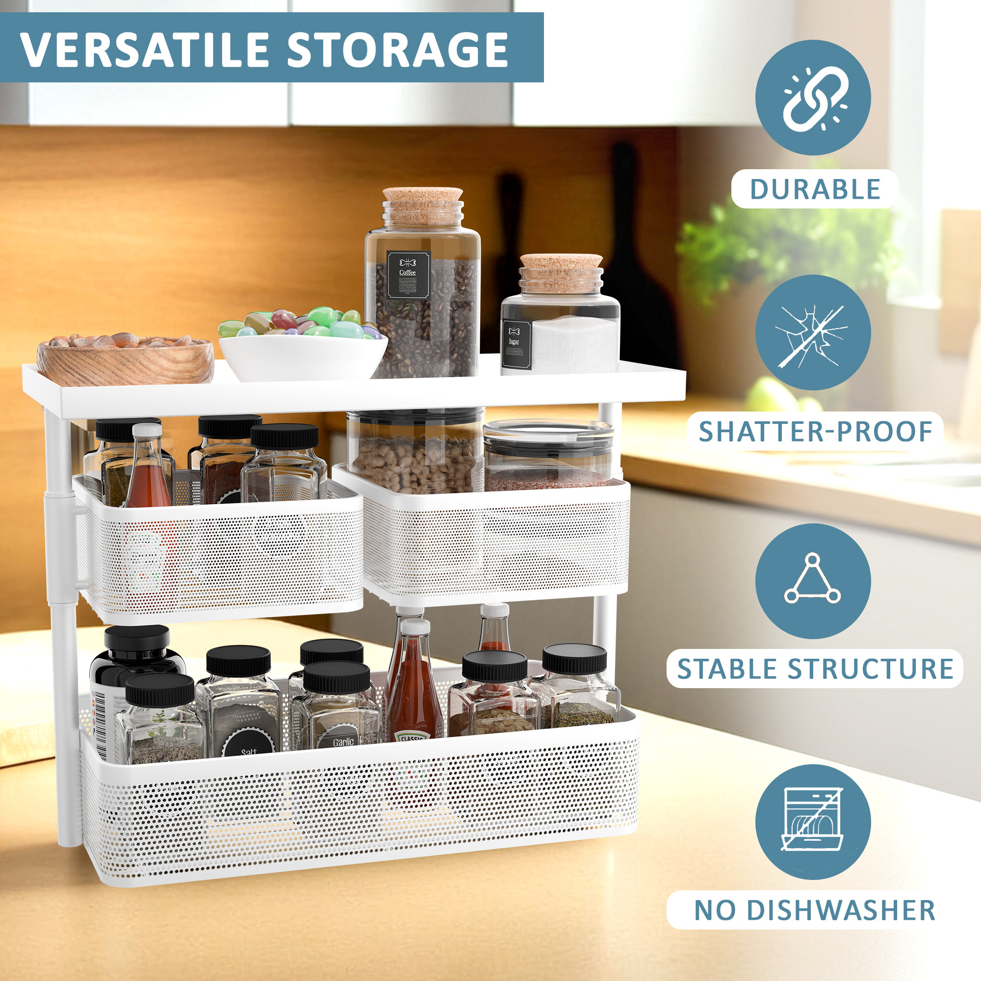 Kuber Industries Metal Kitchen Organizer Rack  3-Tier Kitchen Counter Top and Standing Rack for Storing Spices Pantry Storage  Cosmetic Items  Multi-Purpose Kitchen Stand - White