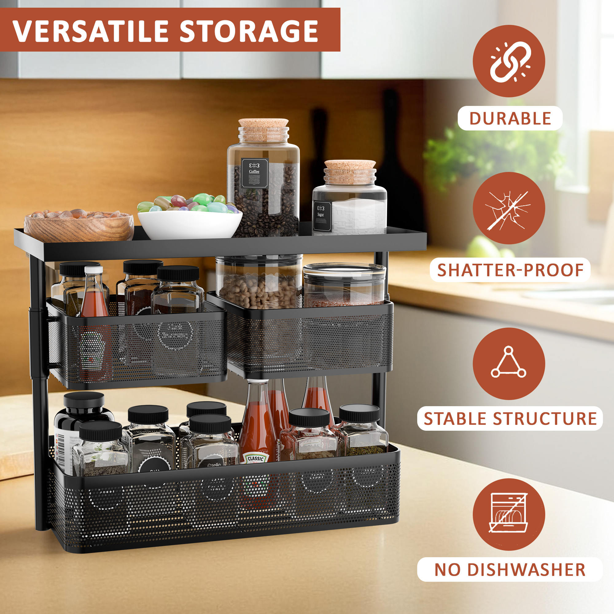 Kuber Industries Metal Kitchen Organizer Rack  3-Tier Kitchen Counter Top and Standing Rack for Storing Spices Pantry Storage  Cosmetic Items  Multi-Purpose Kitchen Stand - Black