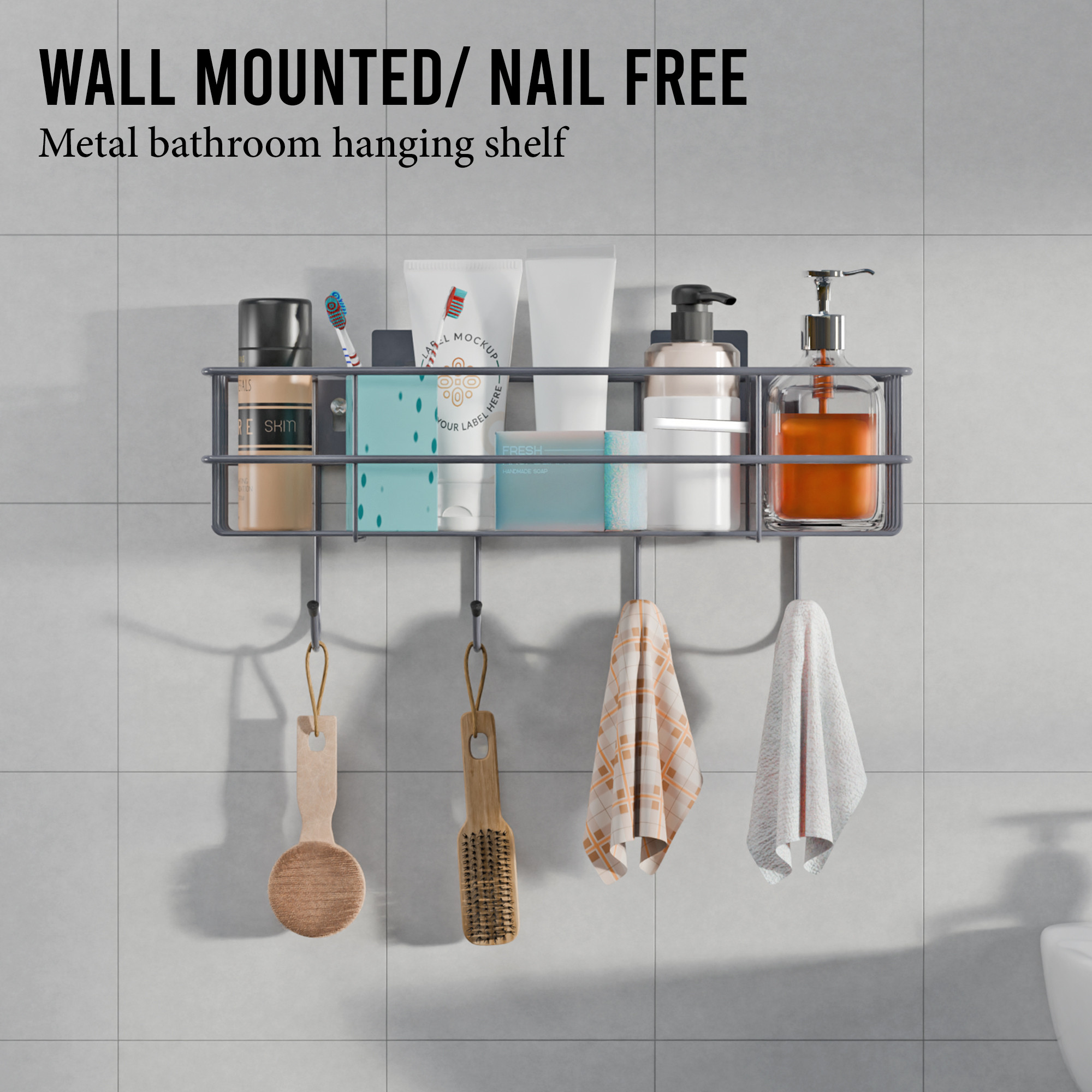 Kuber Industries Metal Self Adhesive Bathroom Organiser with Drill Screws  4 Hooks  Bathroom Shelf for Wall Adhesive  Bathroom StandRack for Shampoo  Bathroom Accessories Holder  Grey