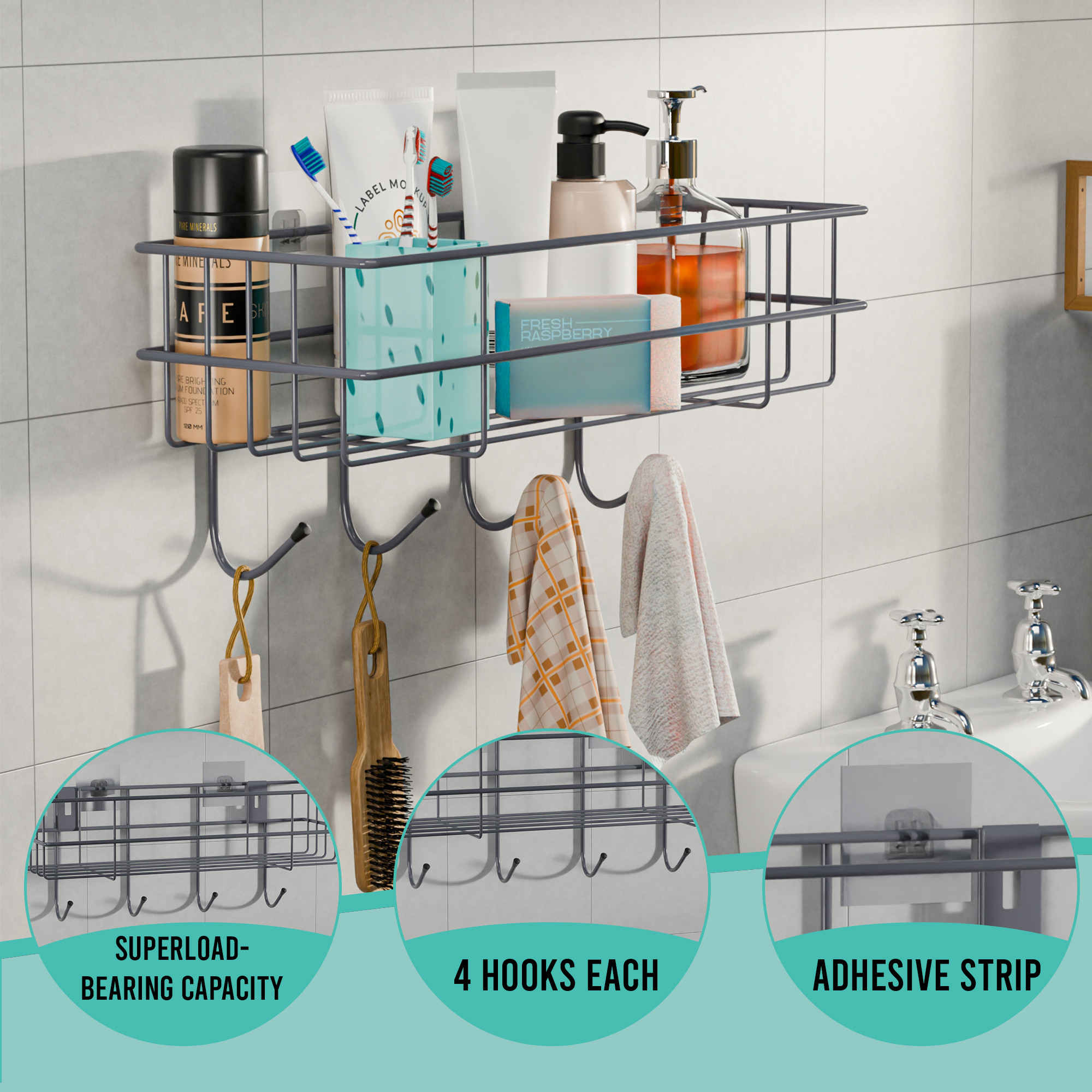 Kuber Industries Metal Self Adhesive Bathroom Organiser with Drill Screws  4 Hooks  Bathroom Shelf for Wall Adhesive  Bathroom StandRack for Shampoo  Bathroom Accessories Holder  Grey