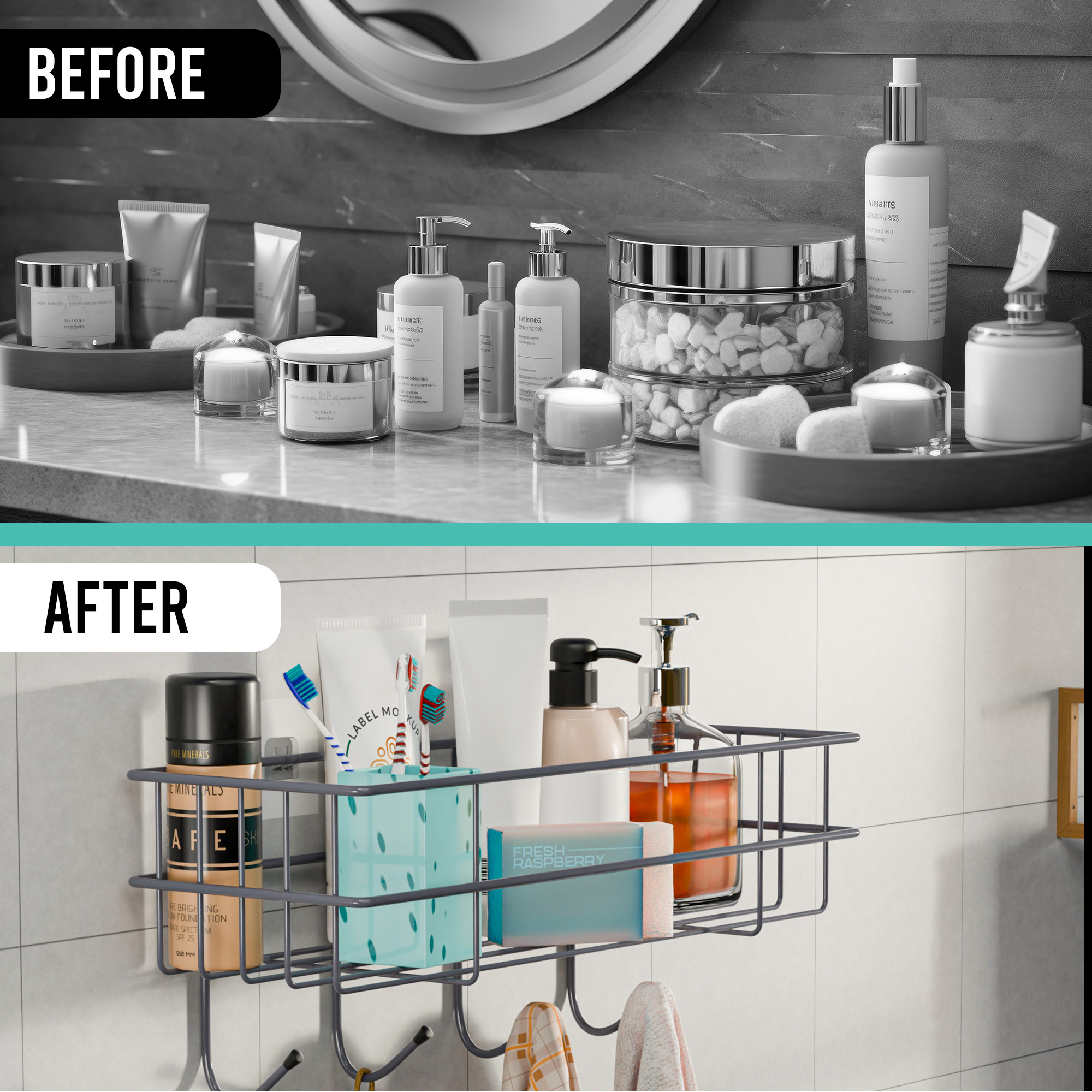 Kuber Industries Metal Self Adhesive Bathroom Organiser with Drill Screws  4 Hooks  Bathroom Shelf for Wall Adhesive  Bathroom StandRack for Shampoo  Bathroom Accessories Holder  Grey