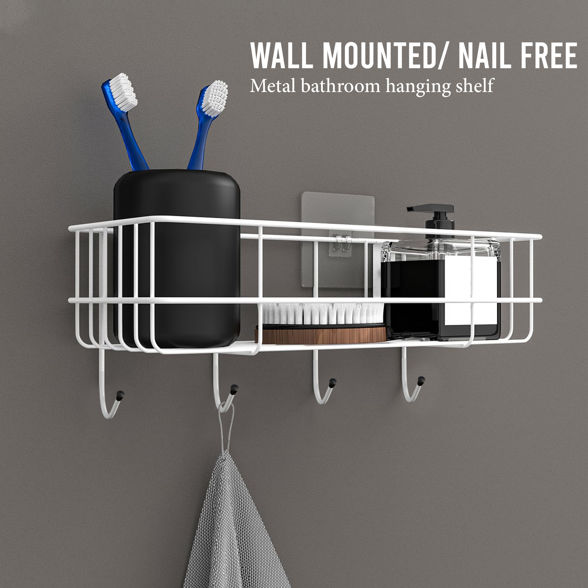 Kuber Industries Metal Self Adhesive Bathroom Organiser with Drill Screws  4 Hooks  Bathroom Shelf for Wall Adhesive  Bathroom StandRack for Shampoo  Bathroom Accessories Holder  White