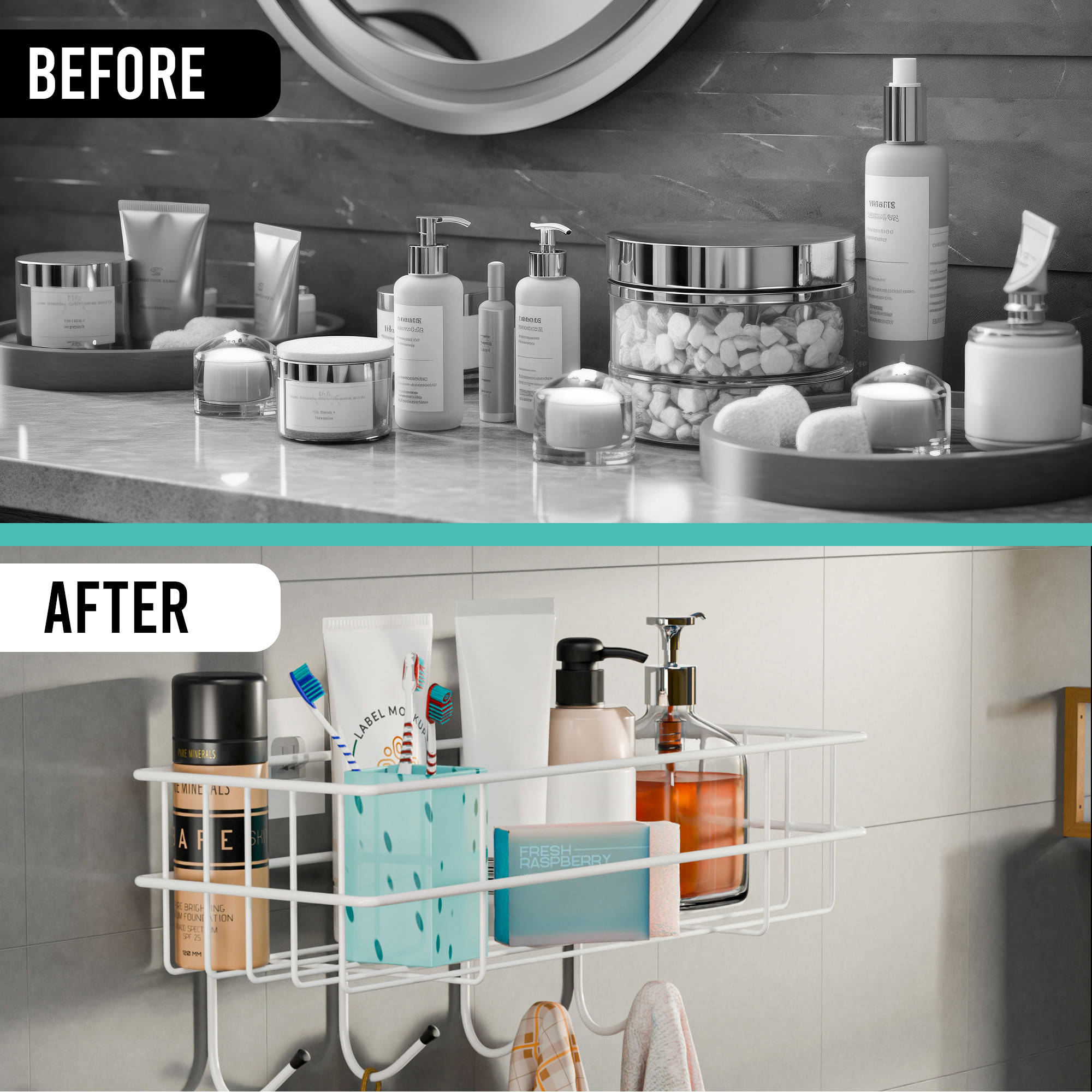 Kuber Industries Metal Self Adhesive Bathroom Organiser with Drill Screws  4 Hooks  Bathroom Shelf for Wall Adhesive  Bathroom StandRack for Shampoo  Bathroom Accessories Holder  White