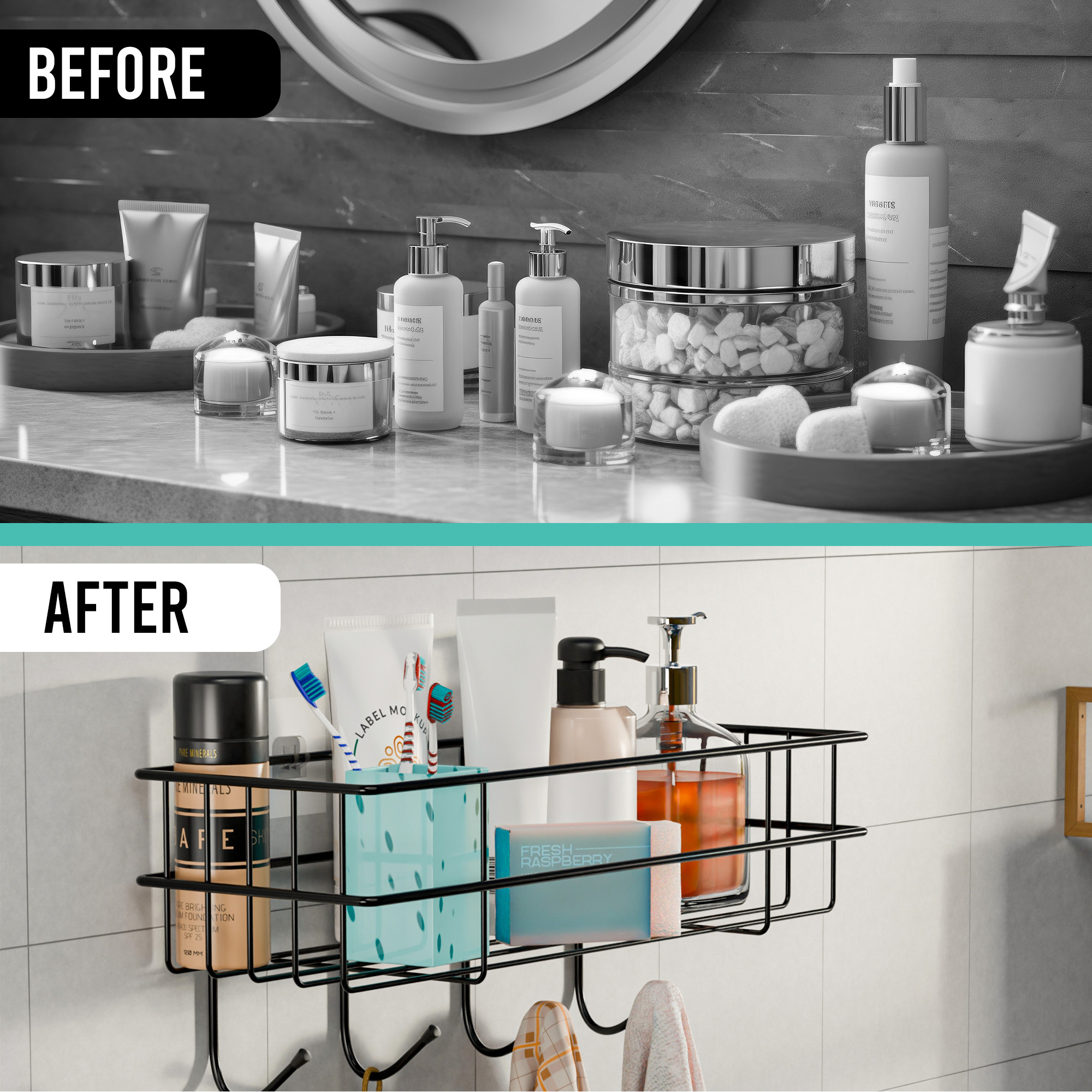 Kuber Industries Metal Self Adhesive Bathroom Organiser with Drill Screws  4 Hooks  Bathroom Shelf for Wall Adhesive  Bathroom StandRack for Shampoo  Bathroom Accessories Holder  Black