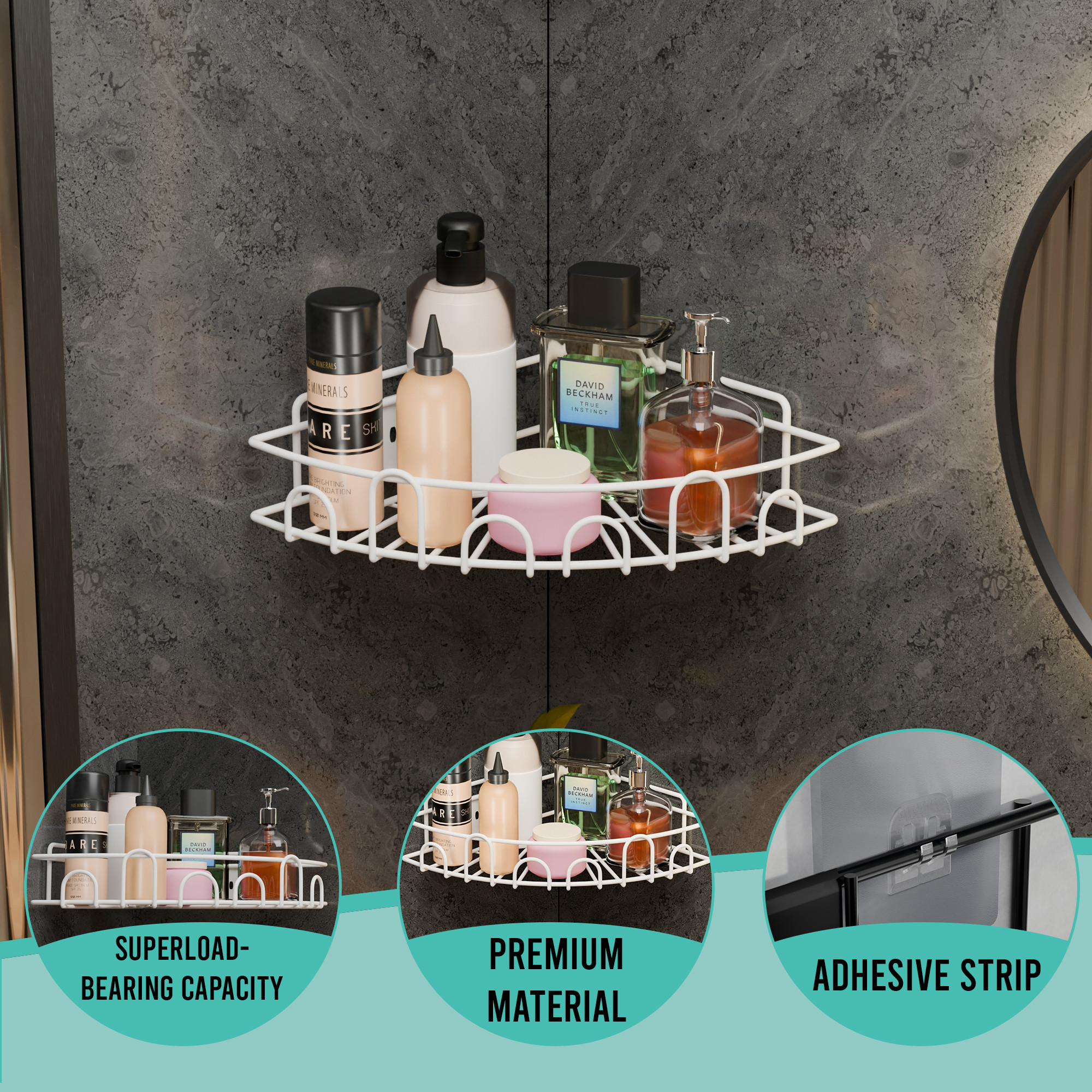 Kuber Industries Metal Self Adhesive Bathroom Organiser with Screws  Bathroom Corner ShelvesRack  Bathroom Shelf for Wall Adhesive  Triangle Corner Stand Bathroom Accessories  White