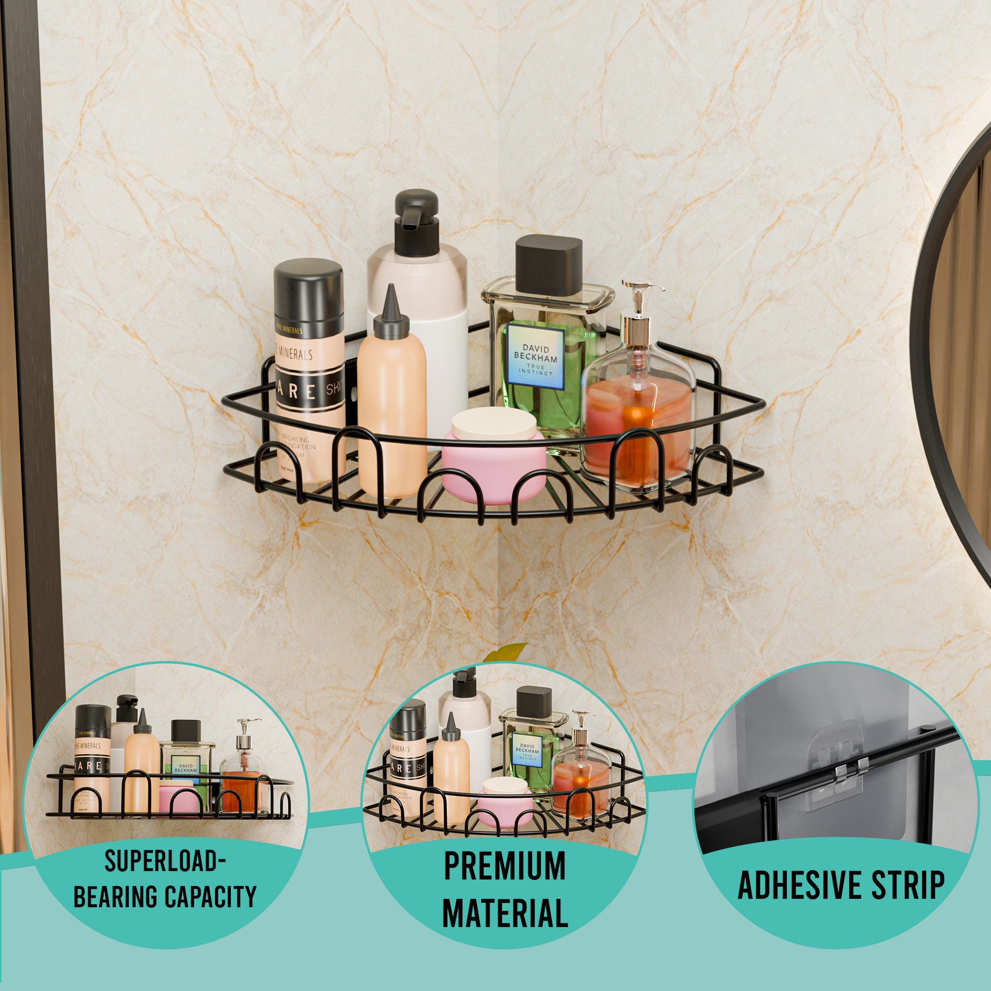 Kuber Industries Metal Self Adhesive Bathroom Organiser with Screws  Bathroom Corner ShelvesRack  Bathroom Shelf for Wall Adhesive  Triangle Corner Stand Bathroom Accessories  Black