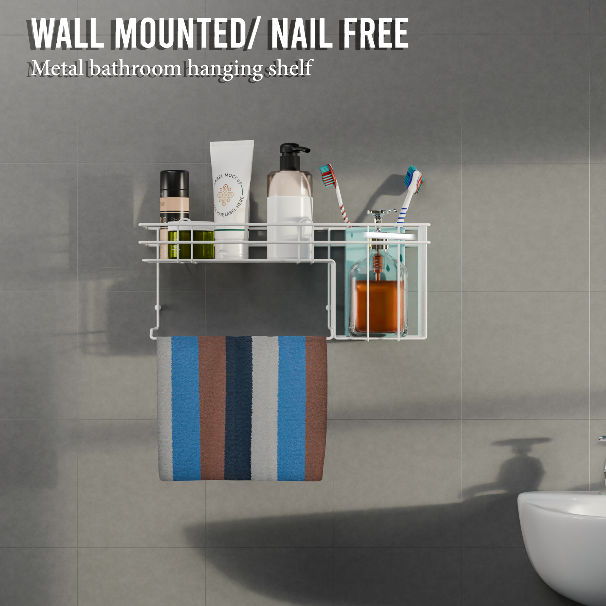 Kuber Industries Metal Self Adhesive Shower Caddy for Bathroom Hanging with Shampoo Soap Holder  Towel Hanger  Bathroom Shelf for Wall Adhesive  Bathroom Racks Accessories Holder  White