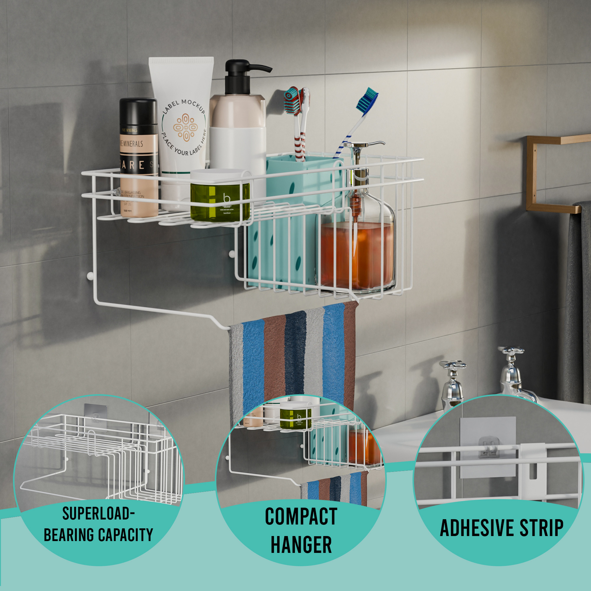 Kuber Industries Metal Self Adhesive Shower Caddy for Bathroom Hanging with Shampoo Soap Holder  Towel Hanger  Bathroom Shelf for Wall Adhesive  Bathroom Racks Accessories Holder  White