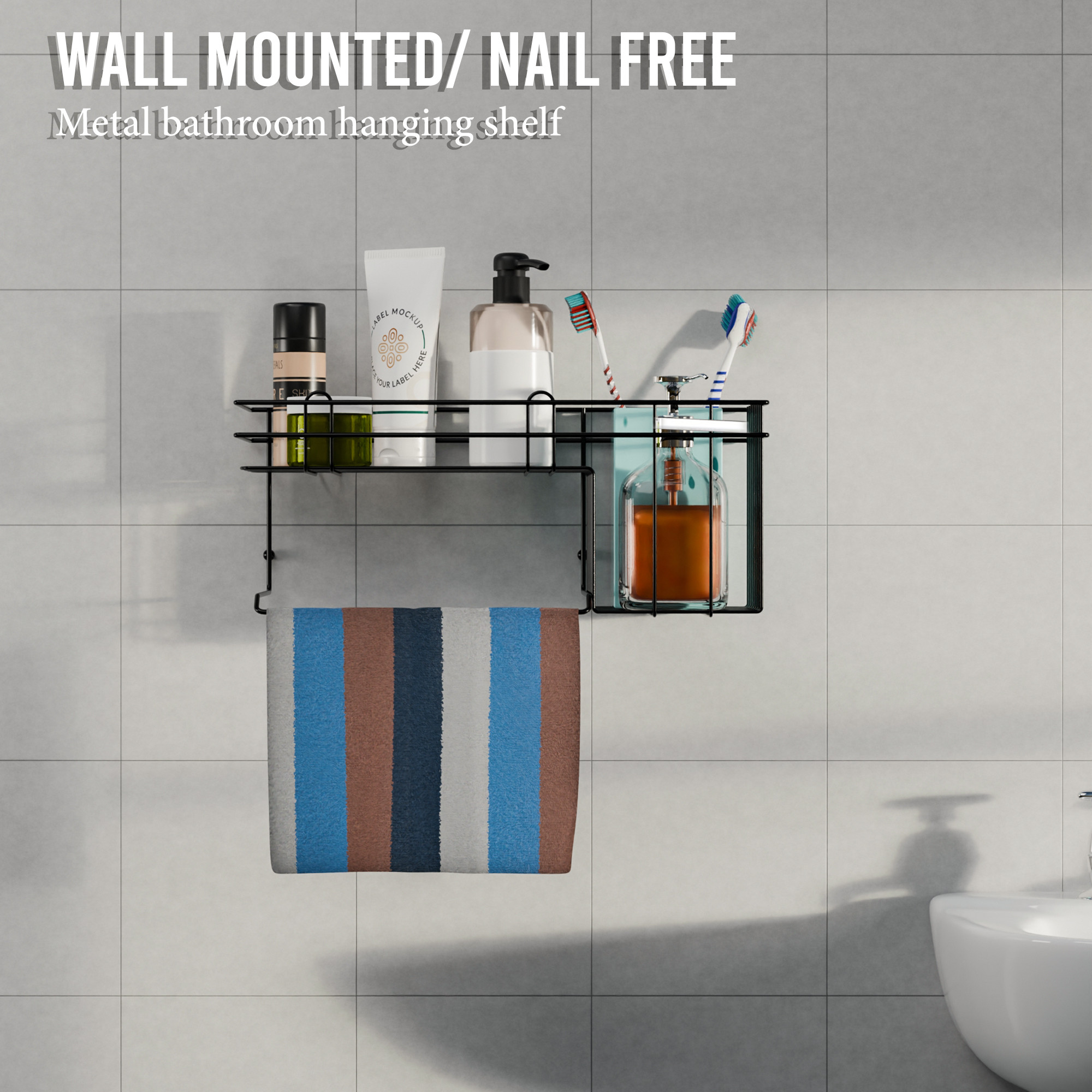 Kuber Industries Metal Self Adhesive Shower Caddy for Bathroom Hanging with Shampoo Soap Holder  Towel Hanger  Bathroom Shelf for Wall Adhesive  Bathroom Racks Accessories Holder  Black