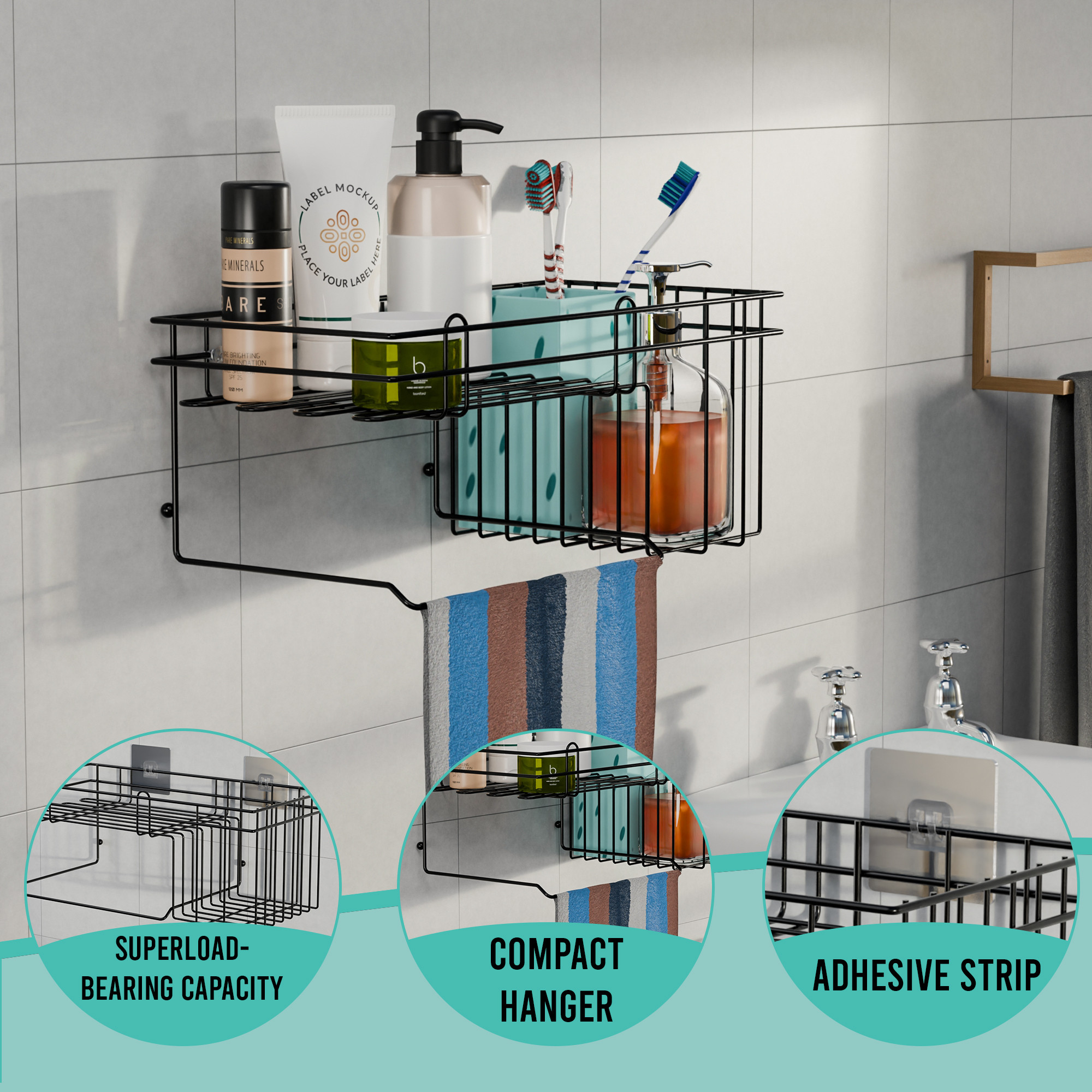 Kuber Industries Metal Self Adhesive Shower Caddy for Bathroom Hanging with Shampoo Soap Holder  Towel Hanger  Bathroom Shelf for Wall Adhesive  Bathroom Racks Accessories Holder  Black