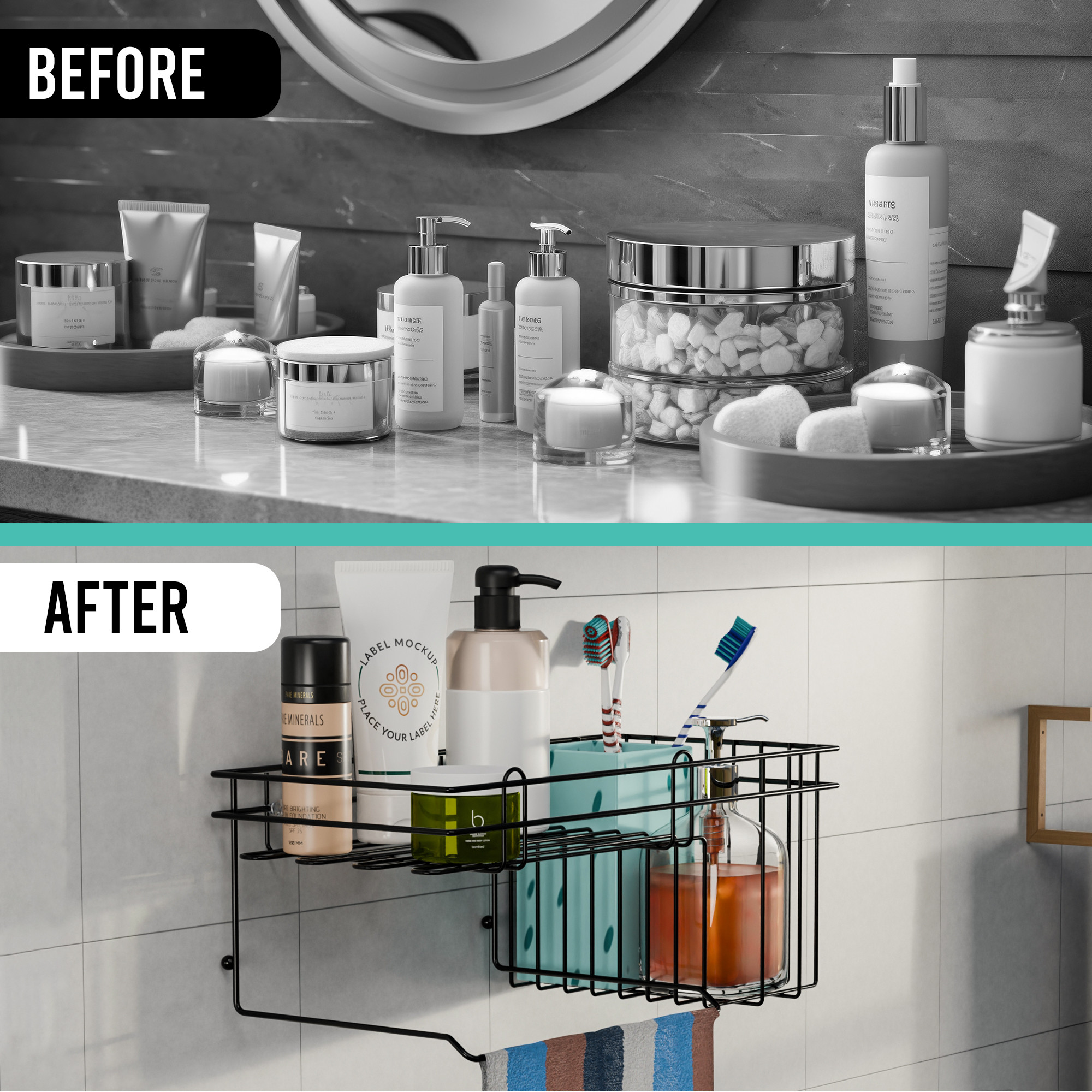 Kuber Industries Metal Self Adhesive Shower Caddy for Bathroom Hanging with Shampoo Soap Holder  Towel Hanger  Bathroom Shelf for Wall Adhesive  Bathroom Racks Accessories Holder  Black