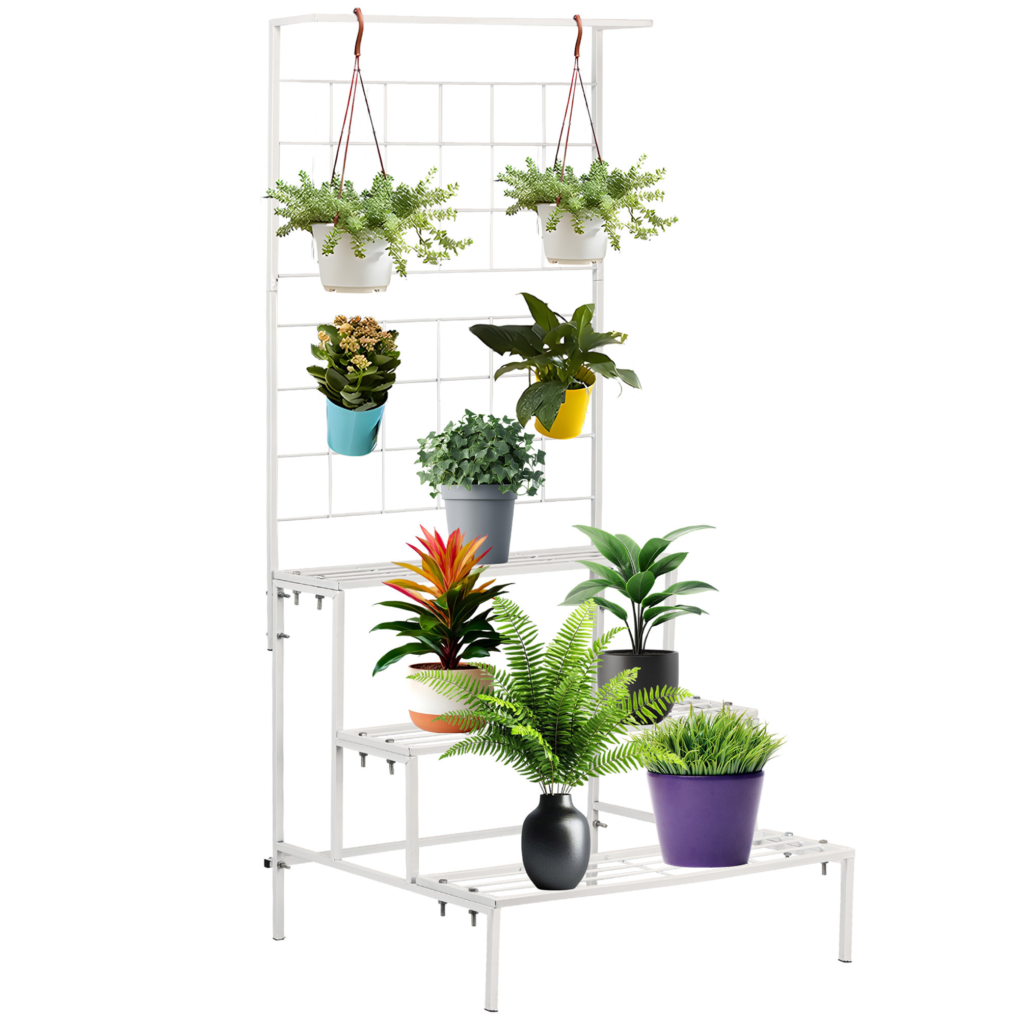 Kuber Industries Metal Tall Dual Purpose Vertical Garden  3 Tier Planter Stands for Balcony  Big IndoorOutdoor Flower Pot Stand for Garden  Gamla Stands for Living Room  Home Dcor  White