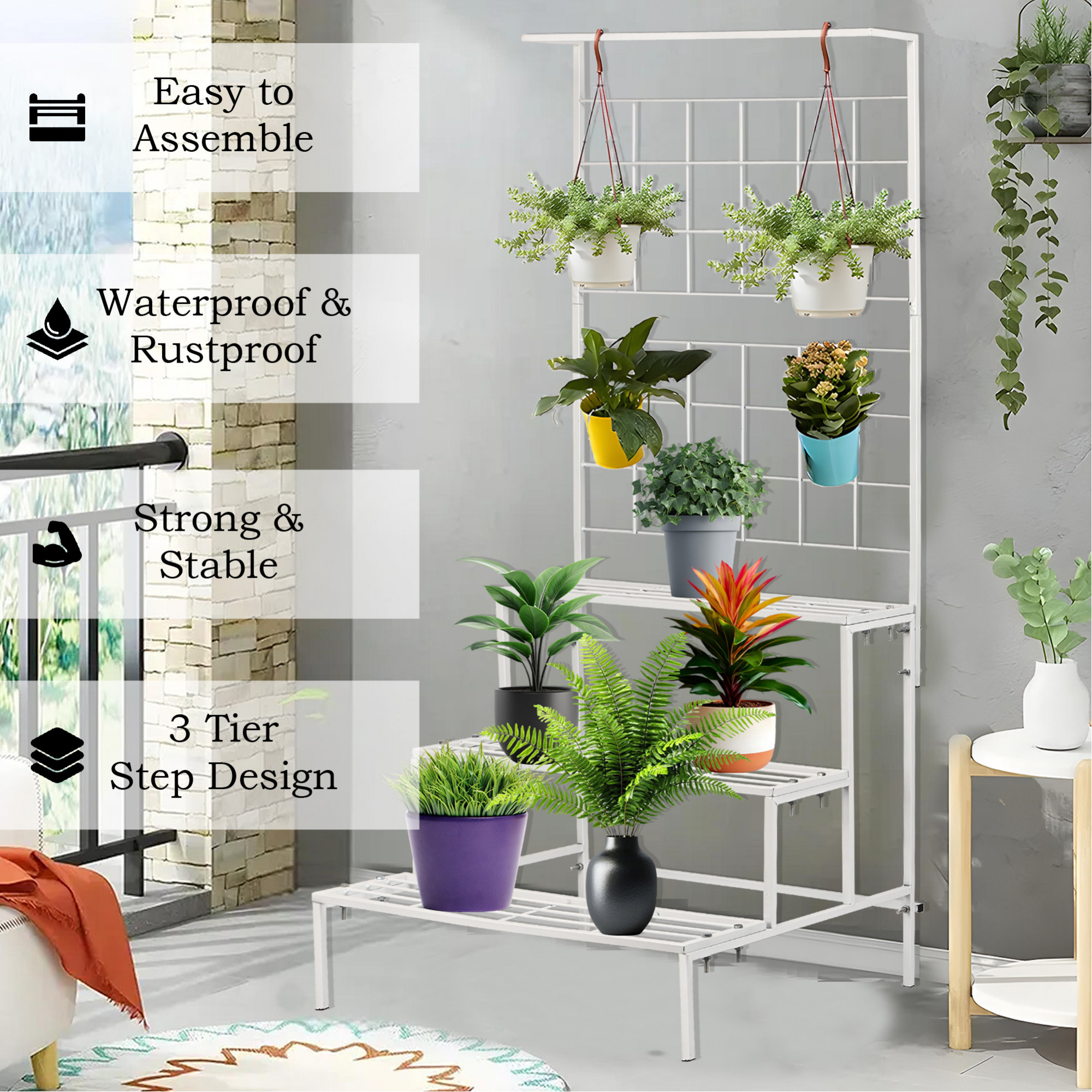 Kuber Industries Metal Tall Dual Purpose Vertical Garden  3 Tier Planter Stands for Balcony  Big IndoorOutdoor Flower Pot Stand for Garden  Gamla Stands for Living Room  Home Dcor  White