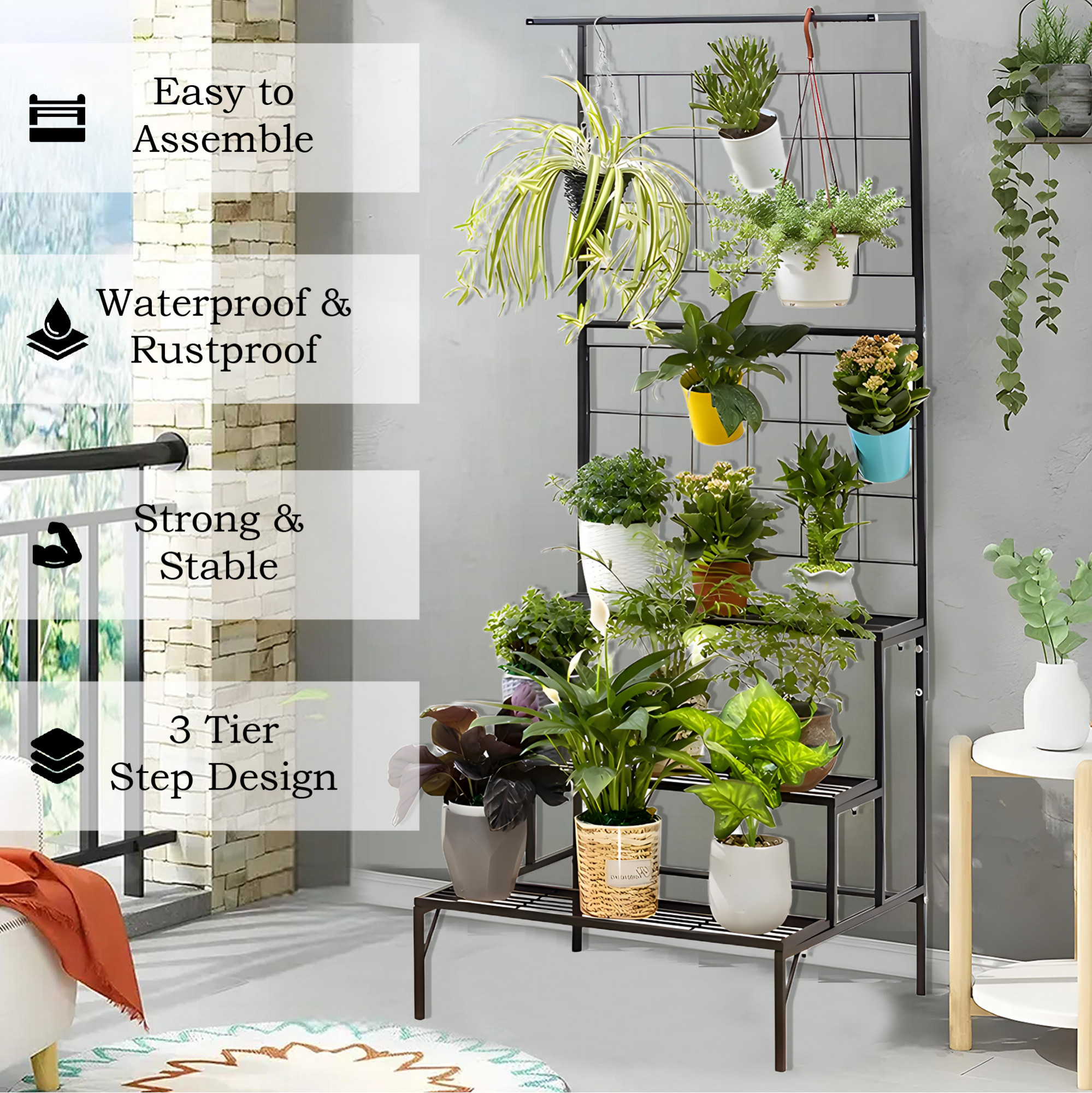 Kuber Industries Metal Tall Dual Purpose Vertical Garden  3 Tier Planter Stands for Balcony  Big IndoorOutdoor Flower Pot Stand for Garden  Gamla Stands for Living Room  Home Dcor  Black