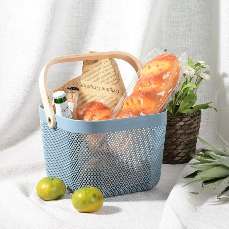 Kuber Industries Metal Wire Basket With Handle|Storage Basket Fot Fruits, Books|Mesh Open Storage Bin|Storage Organizer|Blue